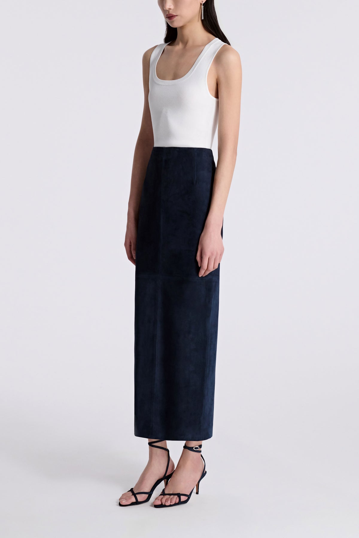 Model is Wearing Nour Hammour Selly Fitted Long Suede Skirt Navy - Three Quarters