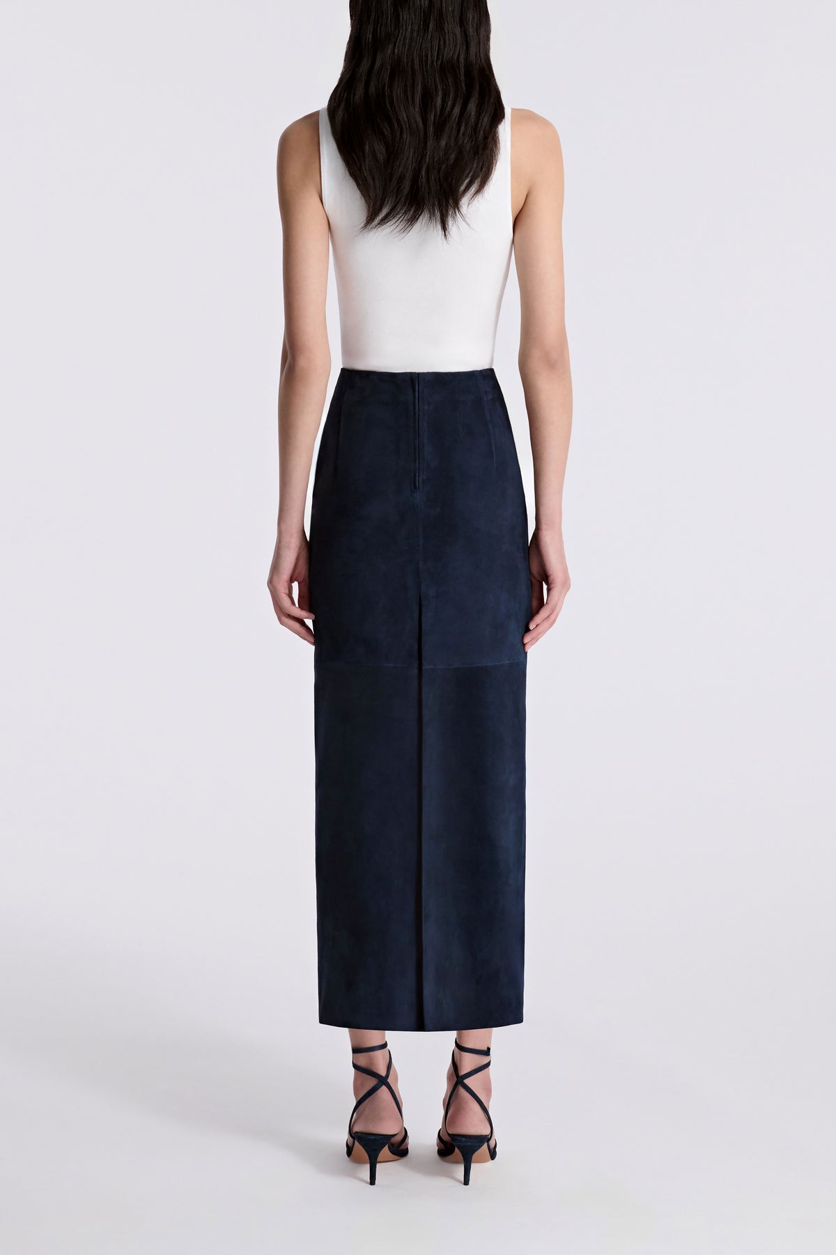 Model is Wearing Nour Hammour Selly Fitted Long Suede Skirt Navy - Back