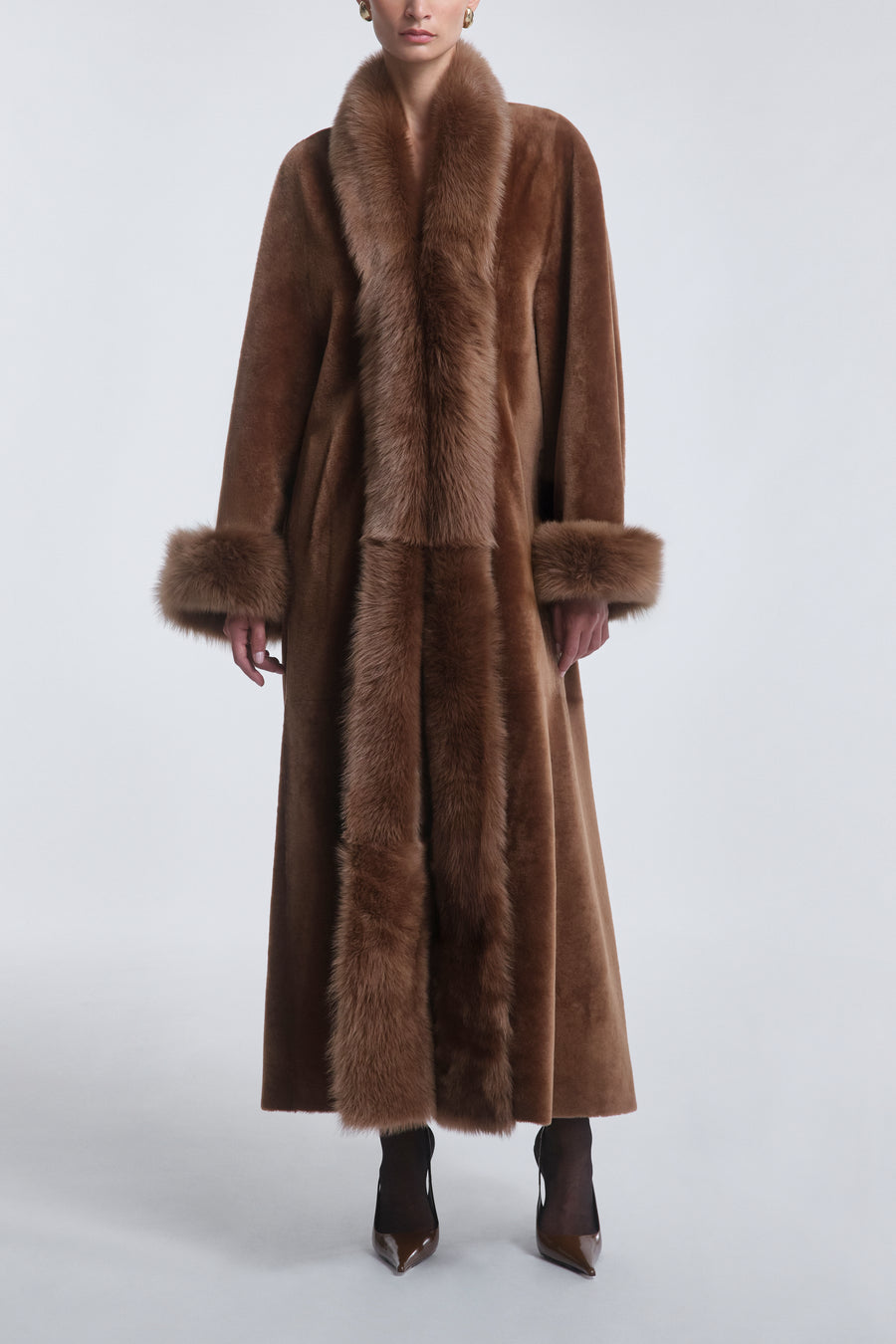 Model is Wearing Nour Hammour Matriarch Shearling Swing Coat Toffee - Front