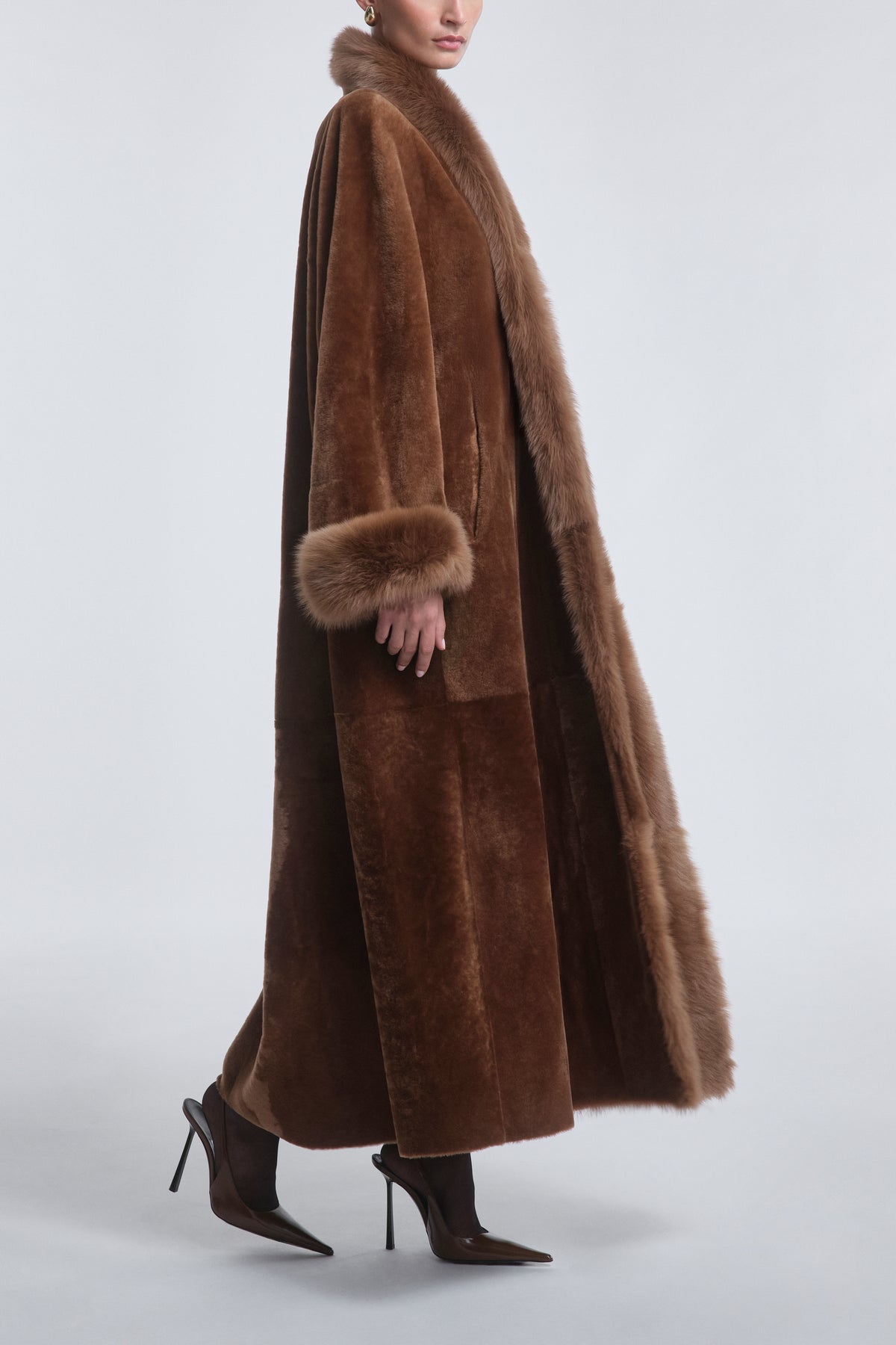 Model is Wearing Nour Hammour Matriarch Shearling Swing Coat Toffee - Side