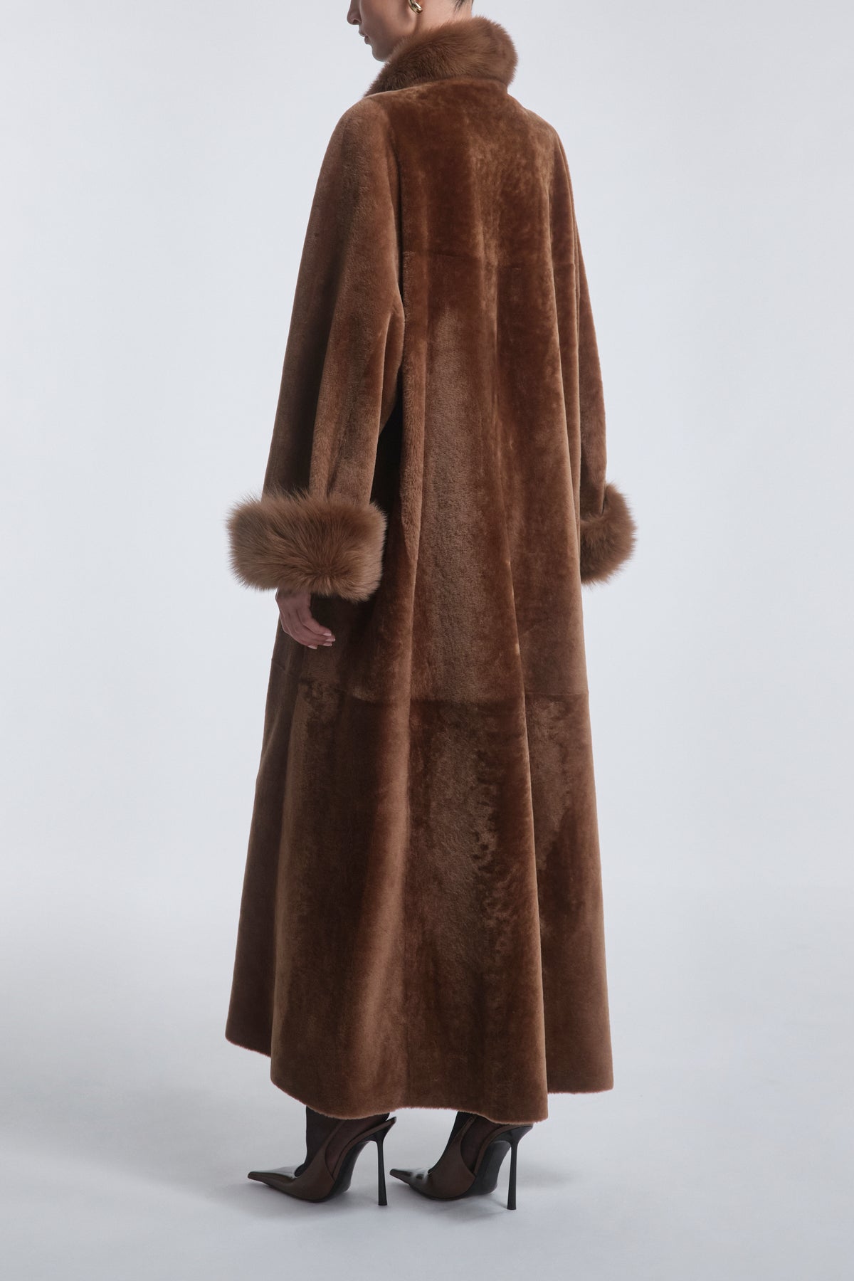 Model is Wearing Nour Hammour Matriarch Shearling Swing Coat Toffee - Back