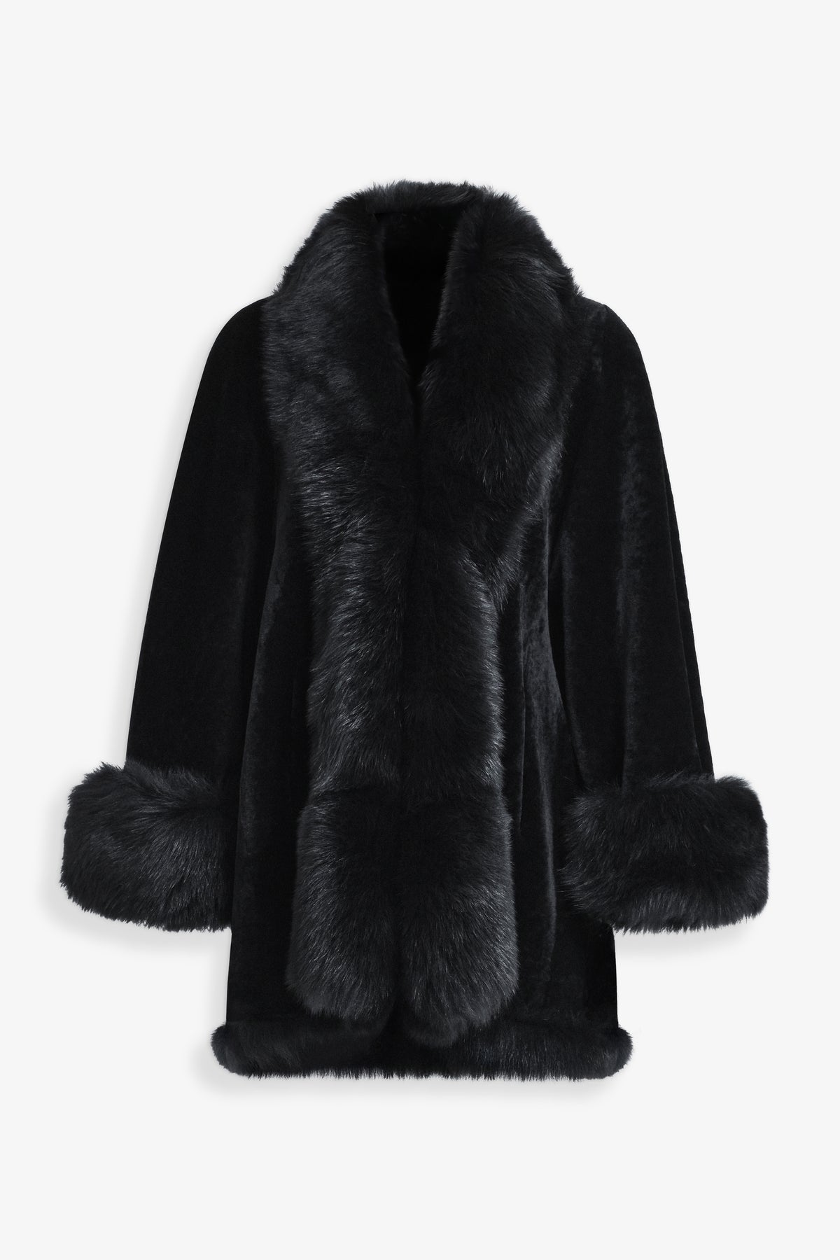 Nour Hammour Sima Shearling Midi Swing Coat Black - Silhouette
