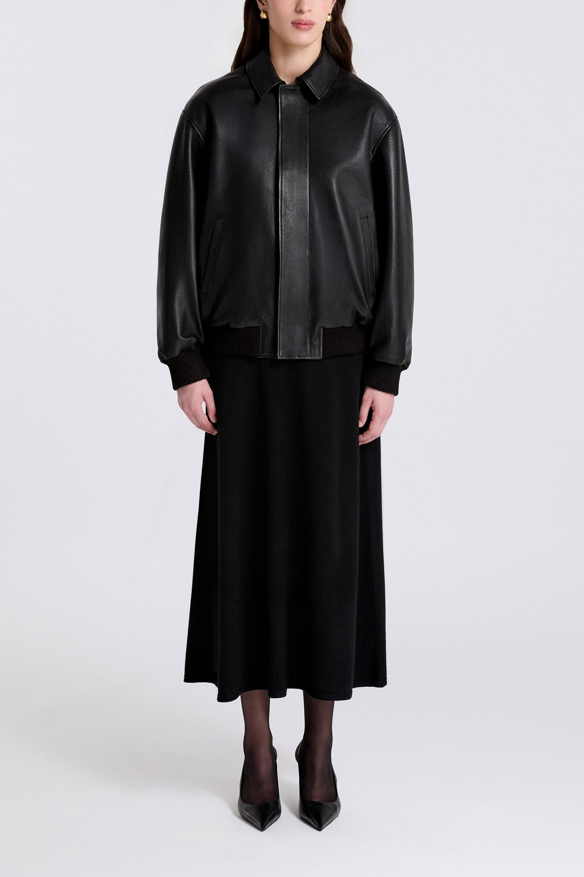 Model is Wearing Nour Hammour Toyen Classic Leather Bomber Black - Front
