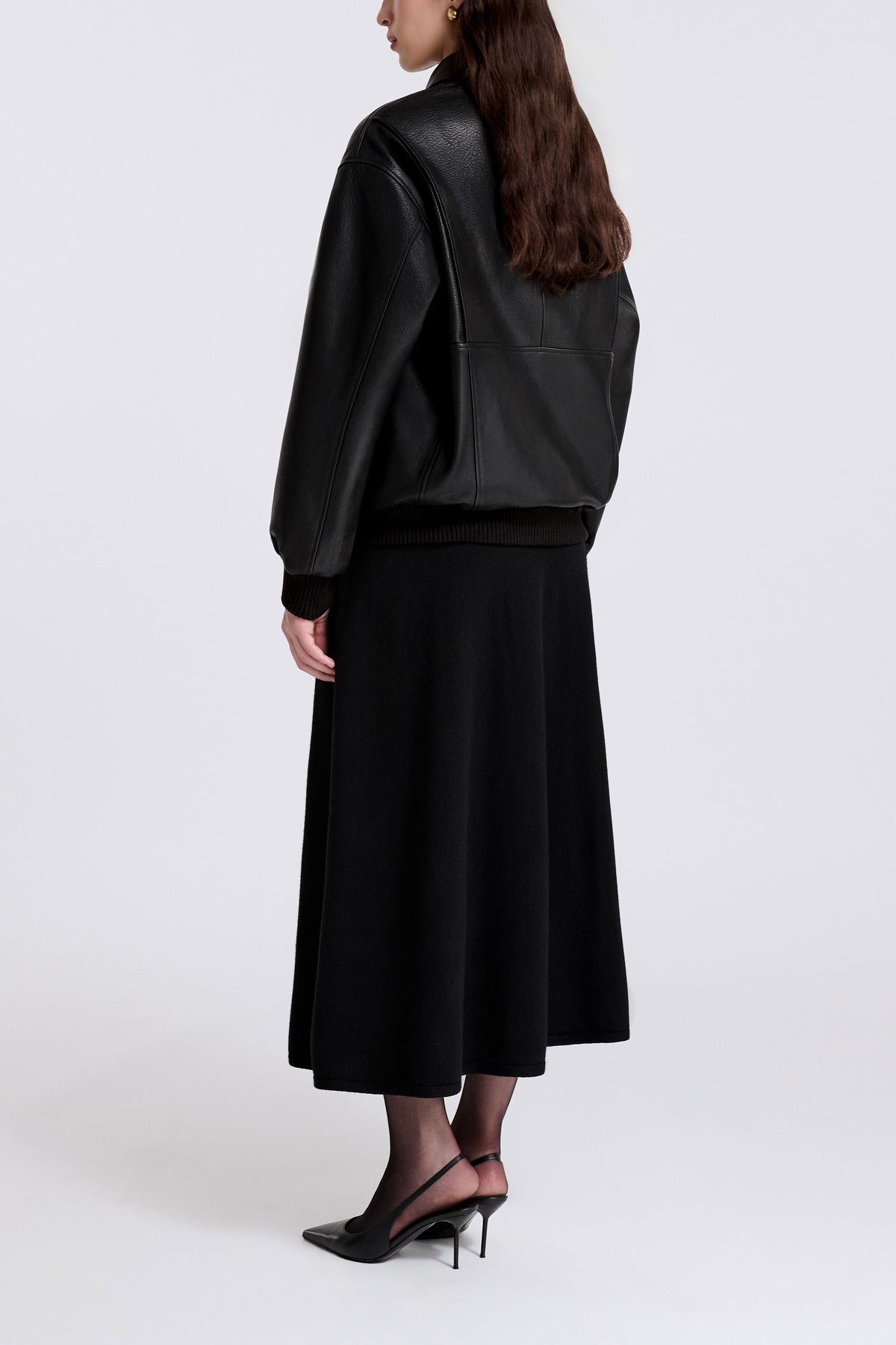 Model is Wearing Nour Hammour Toyen Classic Leather Bomber Black - Back