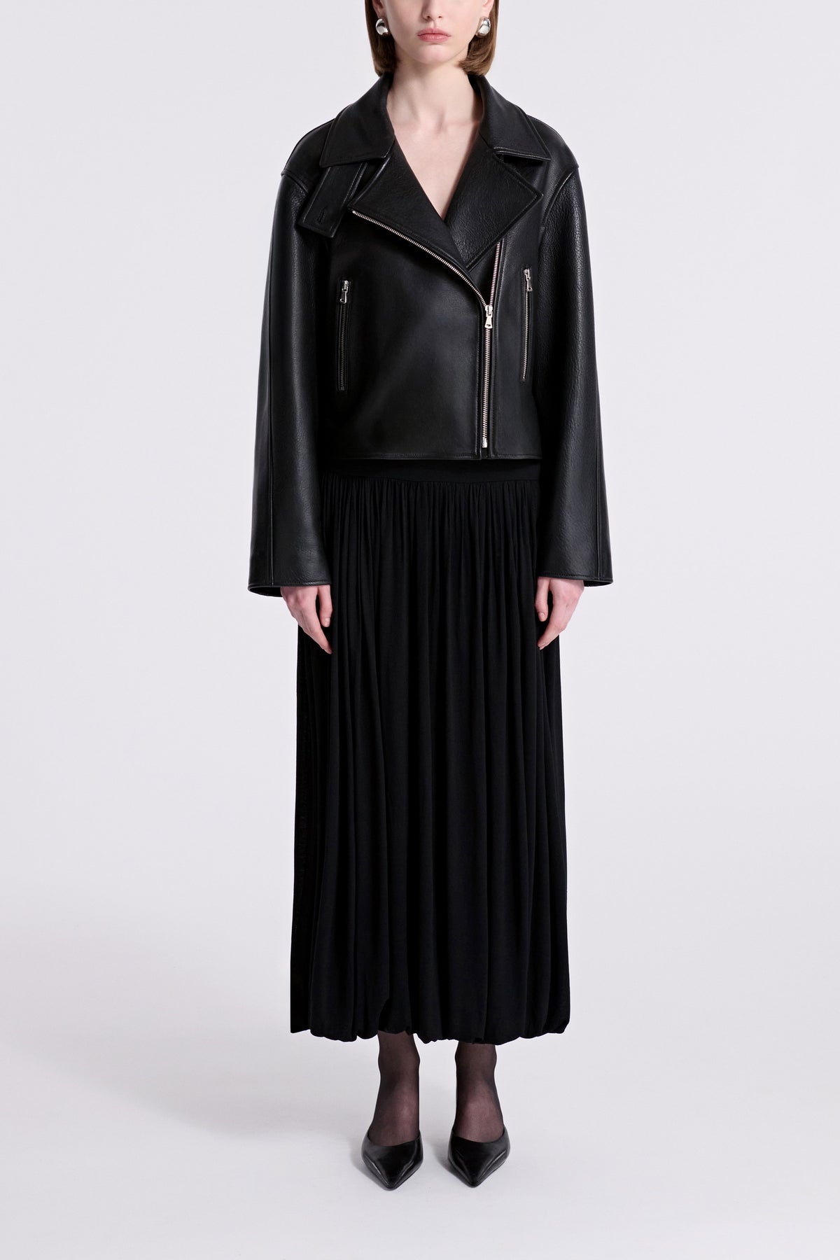 Model is Wearing Nour Hammour Varda Leather Biker Jacket Noir Classique - Front
