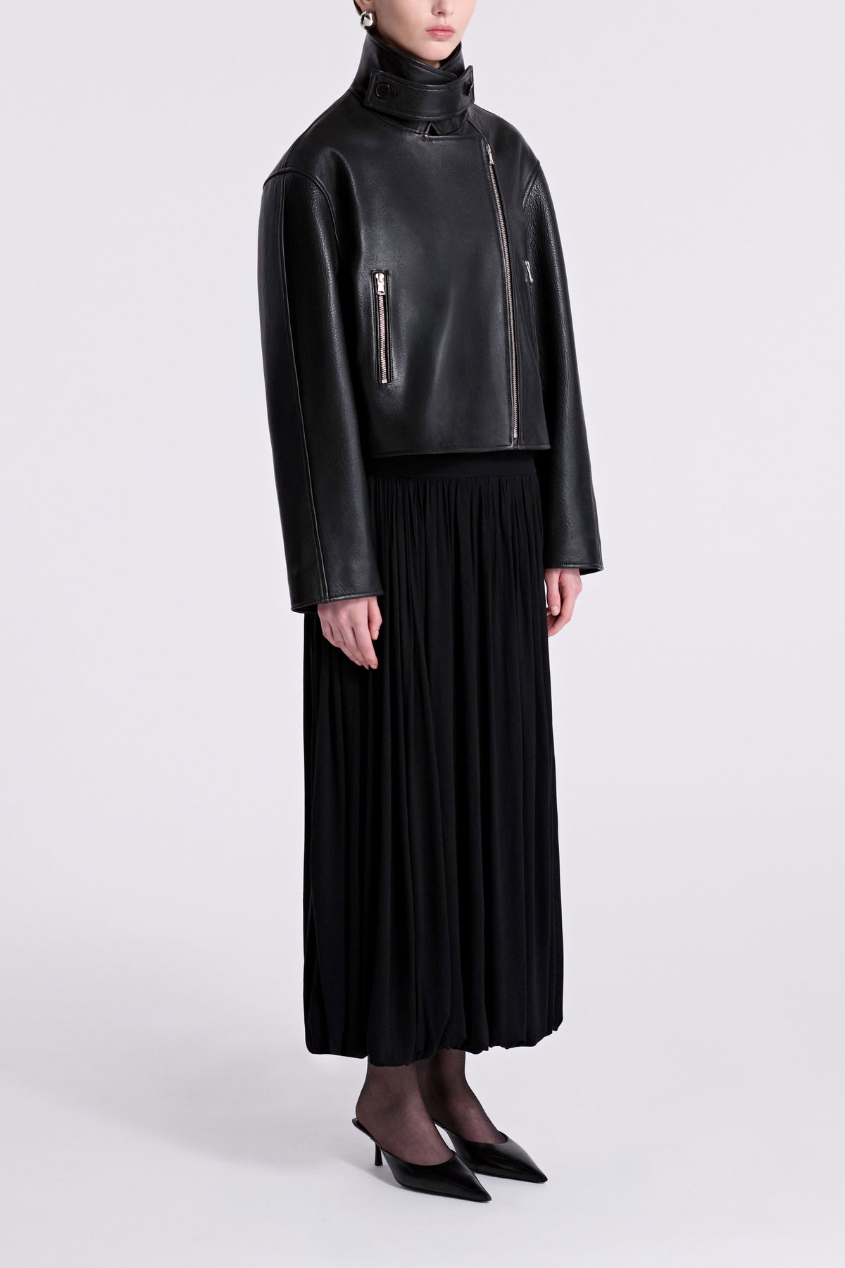 Model is Wearing Nour Hammour Varda Leather Biker Jacket Noir Classique - Three Quarters