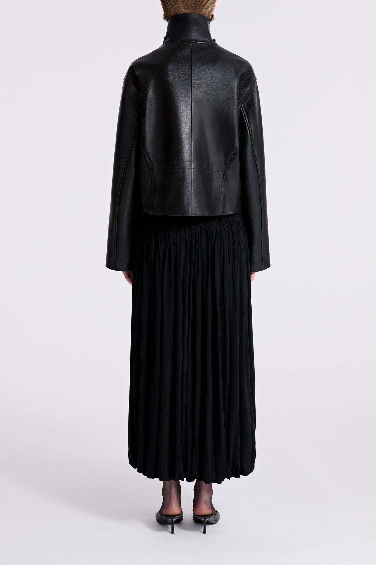 Model is Wearing Nour Hammour Varda Leather Biker Jacket Noir Classique Back