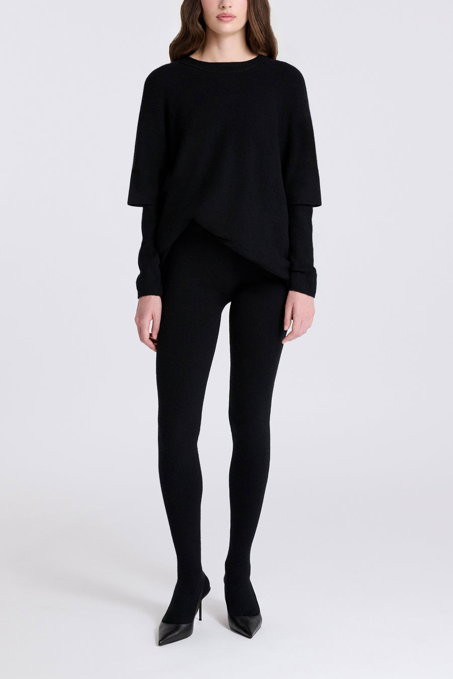 Model is Wearing Nour Hammour Whit Cashmere Knit Tights - Front
