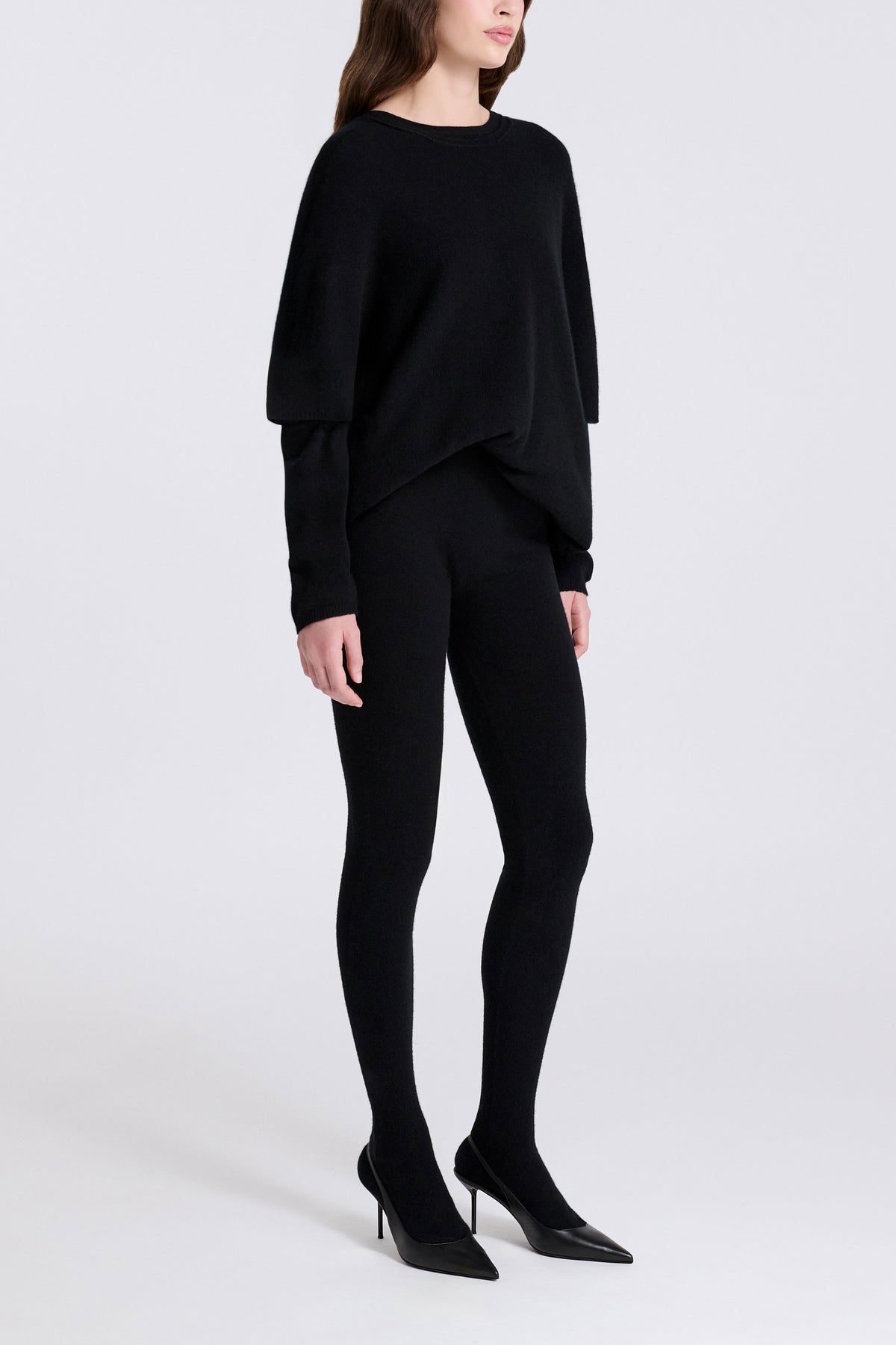 Model is Wearing Nour Hammour Whit Cashmere Knit Tights - Three Quarters