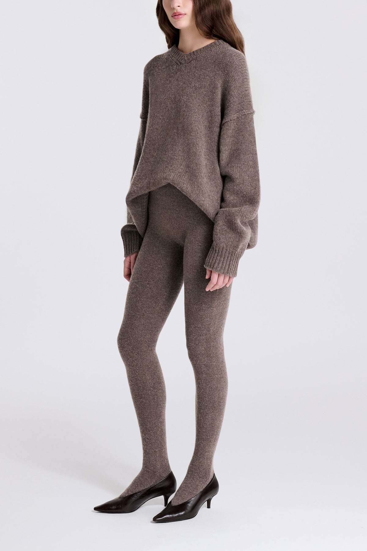 Model is Wearing Nour Hammour Whit Cashmere Knit Tights Mink - Three Quarter