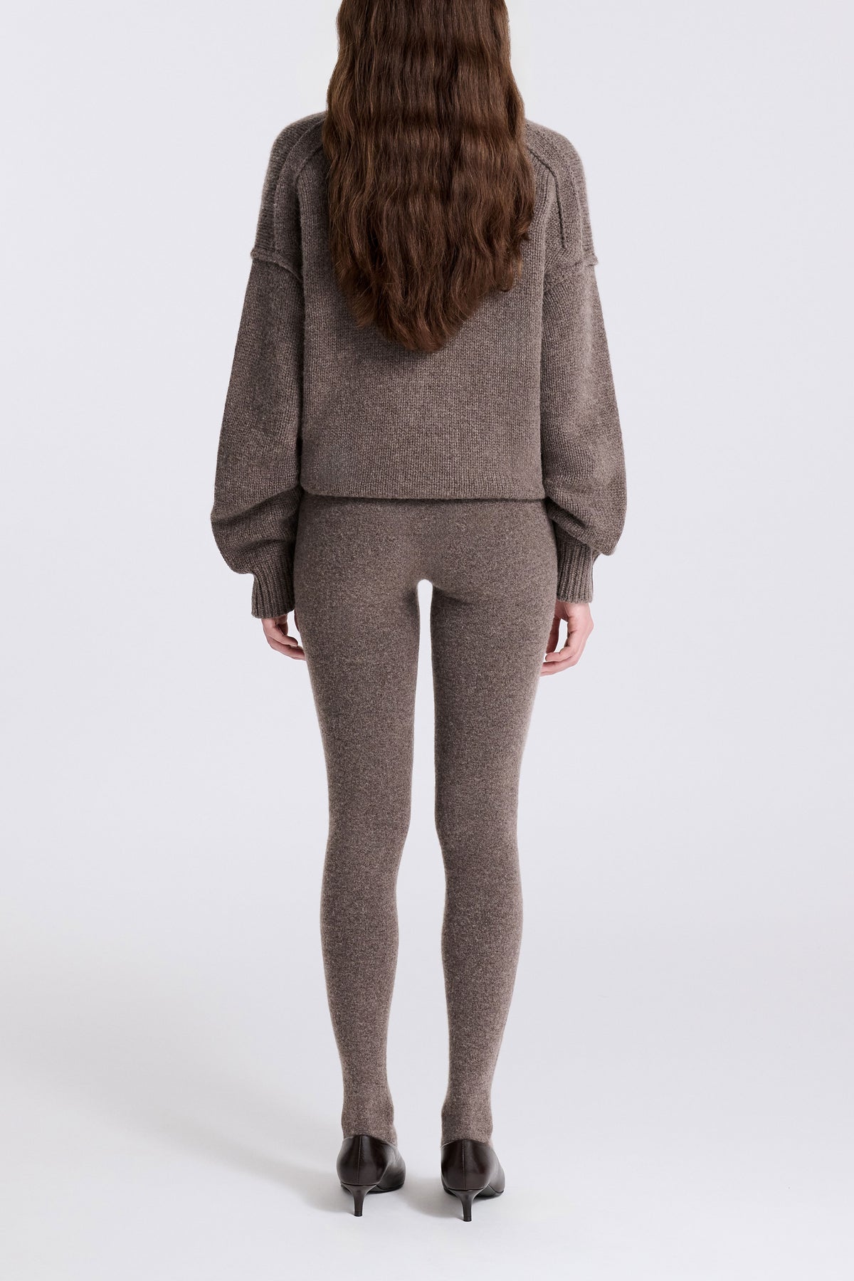 Model is Wearing Nour Hammour Whit Cashmere Knit Tights Mink - Back