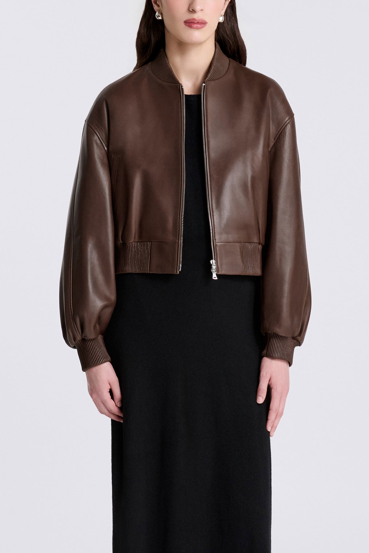 Model is Wearing Nour Hammour Wren Cropped Leather Bomber Marron Glace - Front Open 