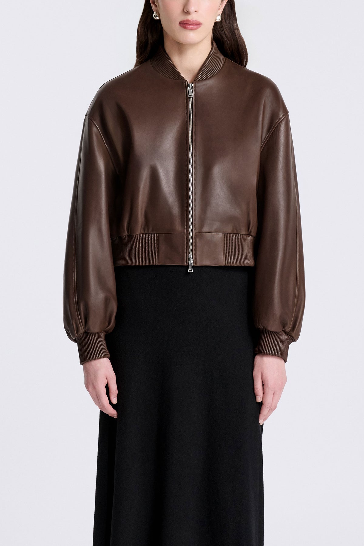 Model is Wearing Nour Hammour Wren Cropped Leather Bomber Marron Glace - Front