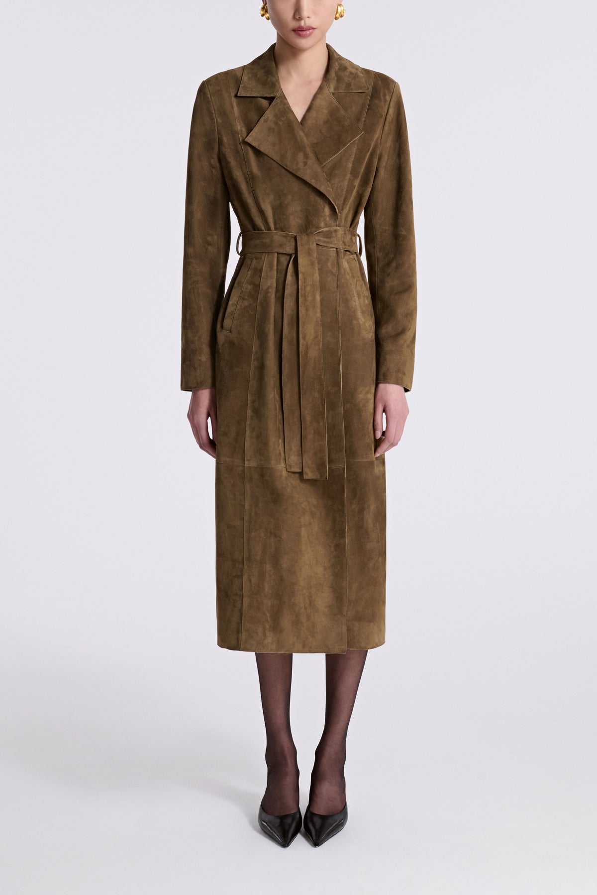Model is Wearing Nour Hammour Winona Lightweight Suede Coat Bark -  Front Closed