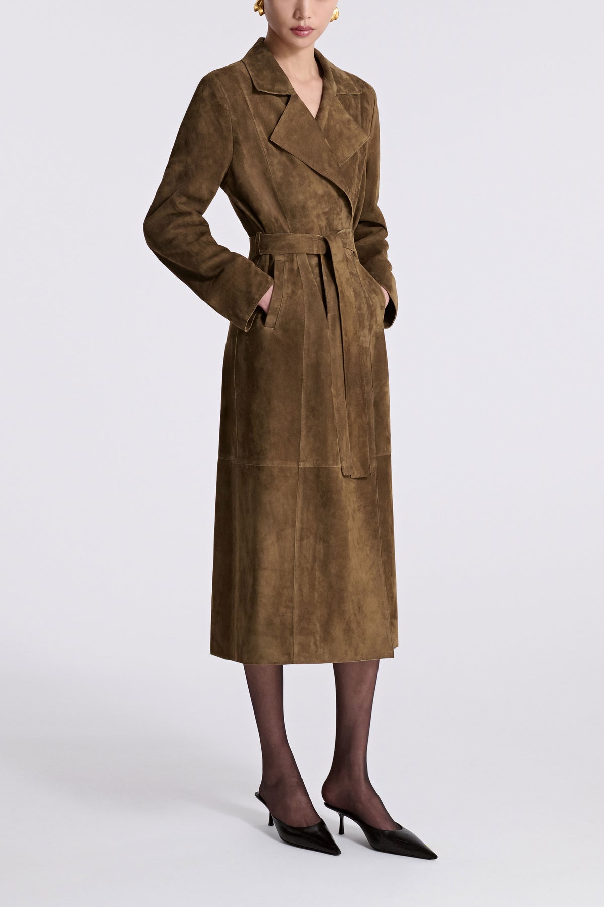 Model is Wearing Nour Hammour Winona Lightweight Suede Coat Bark -  Three Quarters