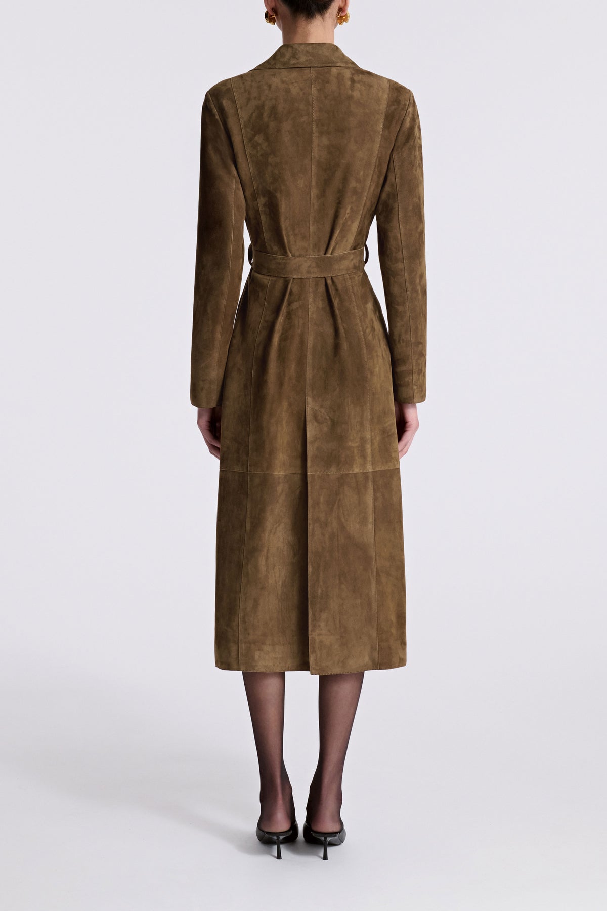 Model is Wearing Nour Hammour Winona Lightweight Suede Coat Bark -  Back