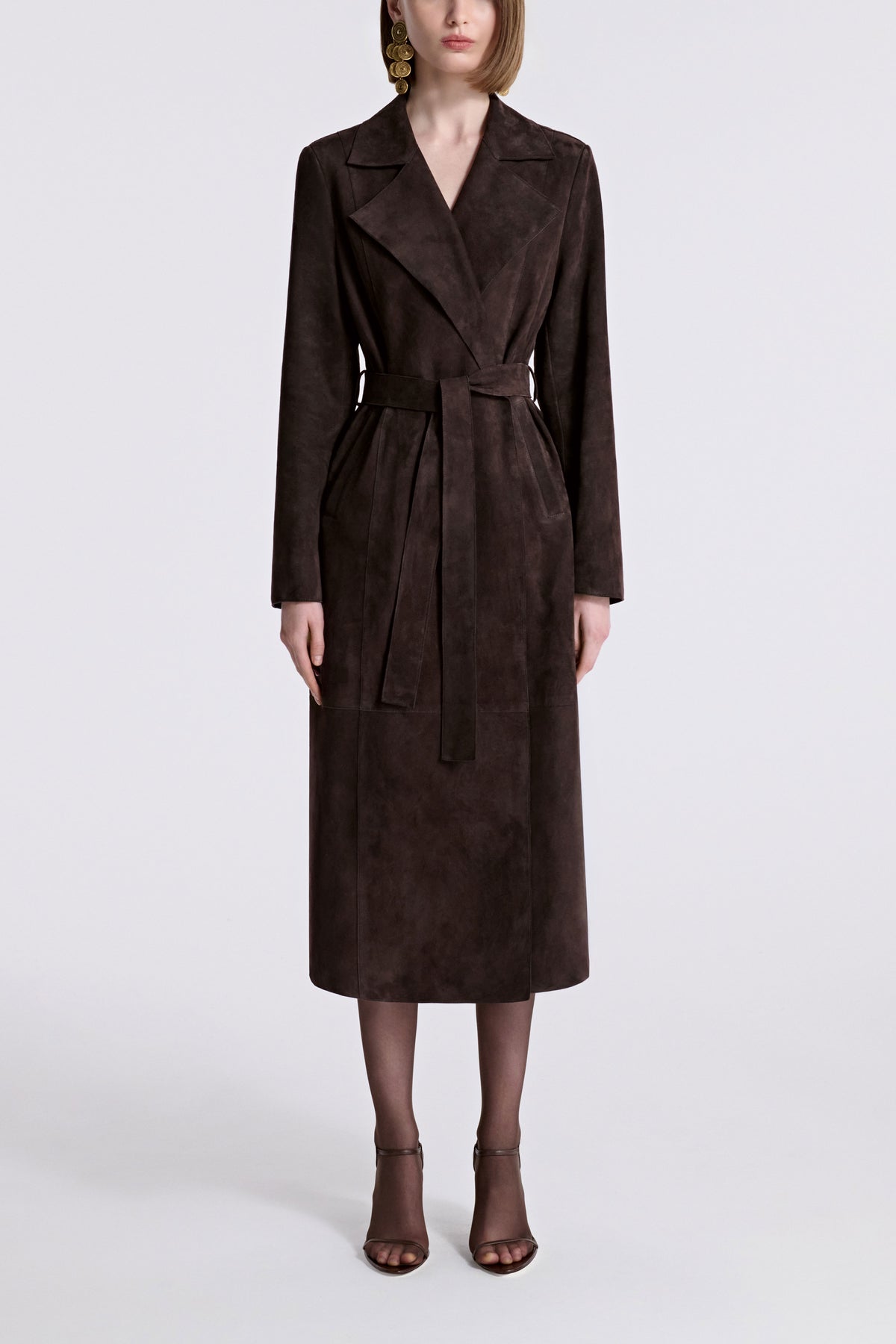 Model is Wearing Nour Hammour Winona Lightweight Suede Coat Mocha - Front Closed