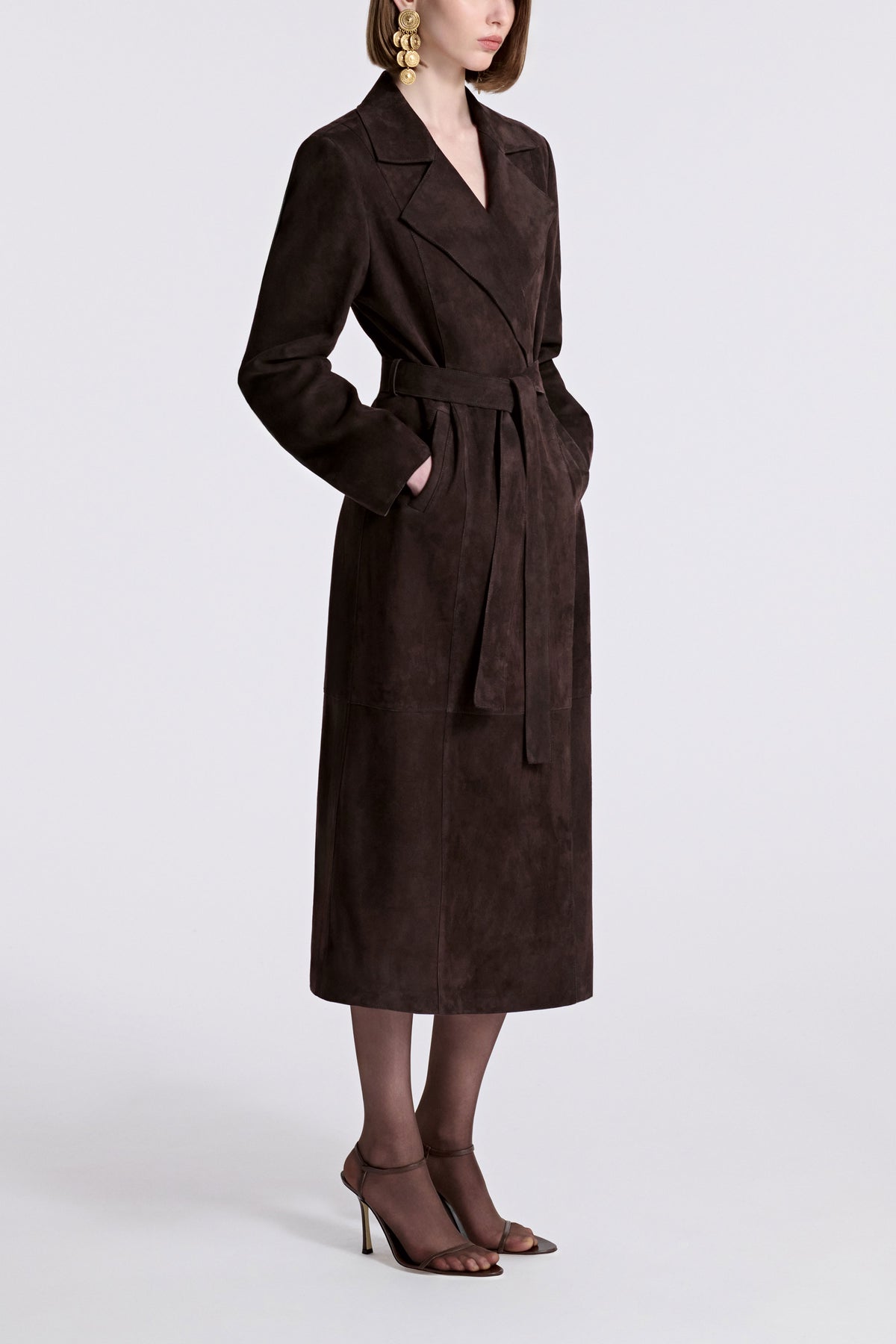 Model is Wearing Nour Hammour Winona Lightweight Suede Coat Mocha - Three Quarters