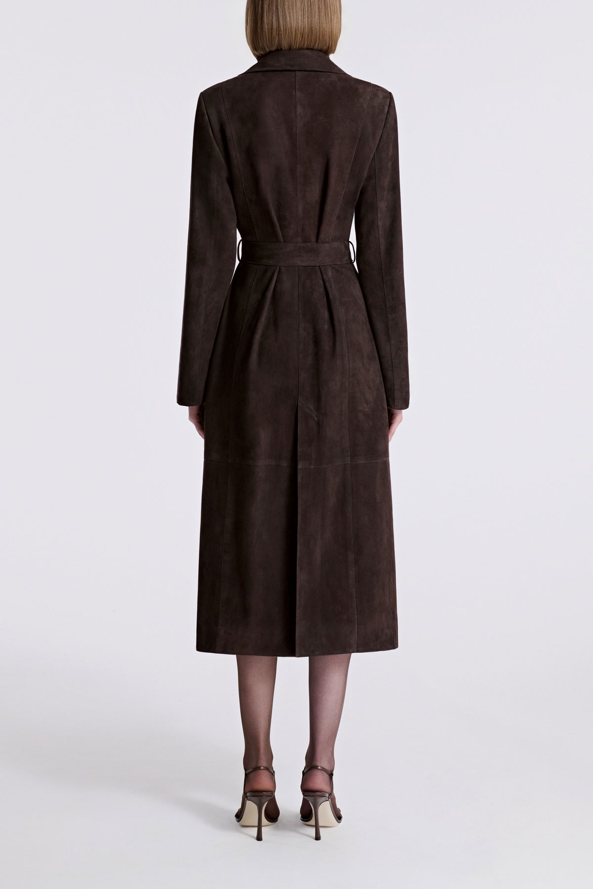Model is Wearing Nour Hammour Winona Lightweight Suede Coat Mocha - Back