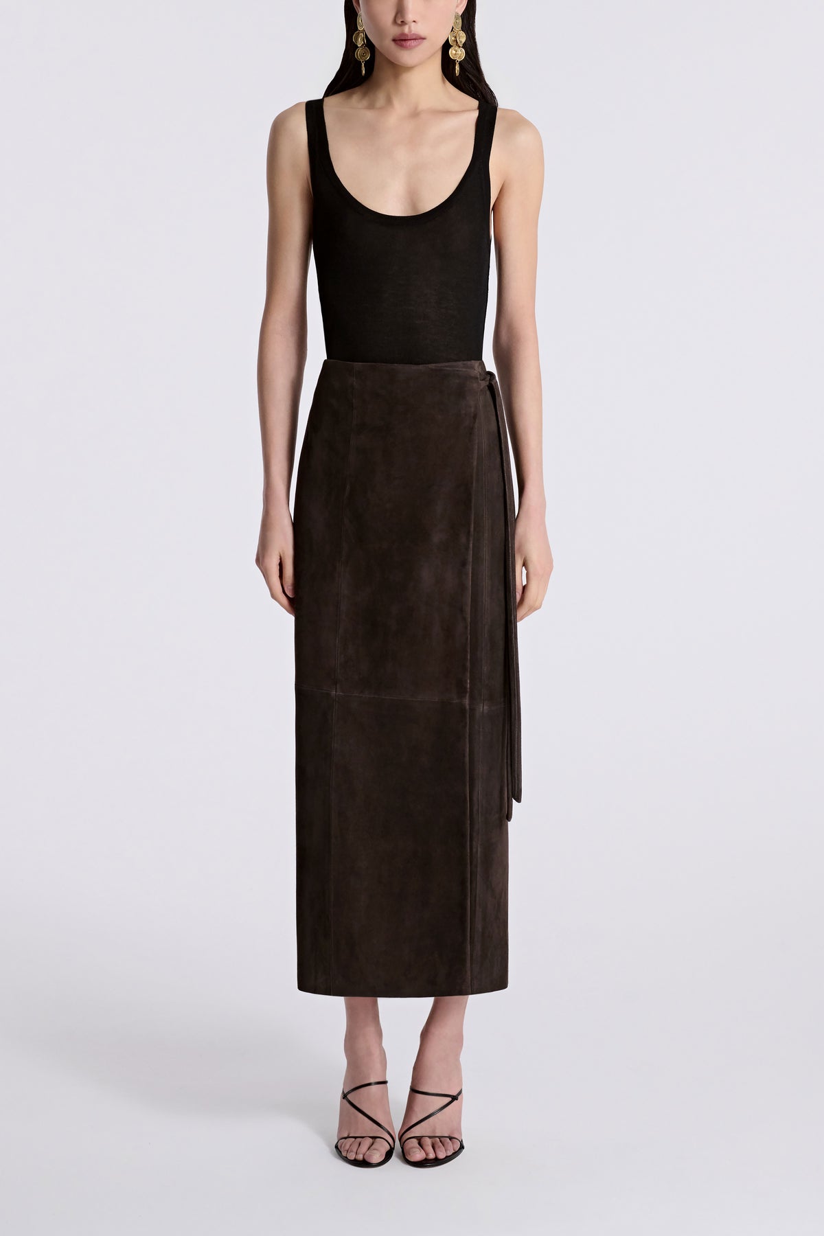 Model is Wearing Nour Hammour Wrap Tie Waist Suede Skirt Mocha - Front