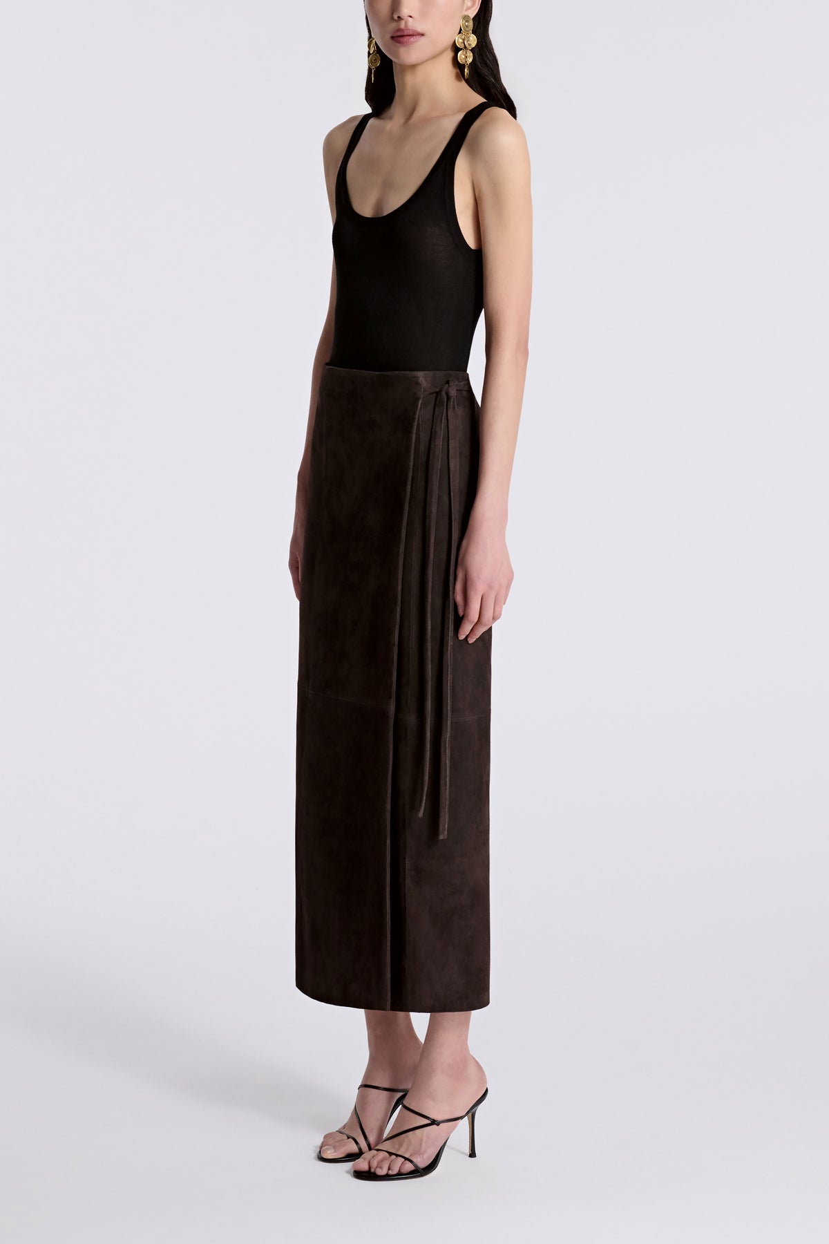 Model is Wearing Nour Hammour Wrap Tie Waist Suede Skirt Mocha - Three Quarters