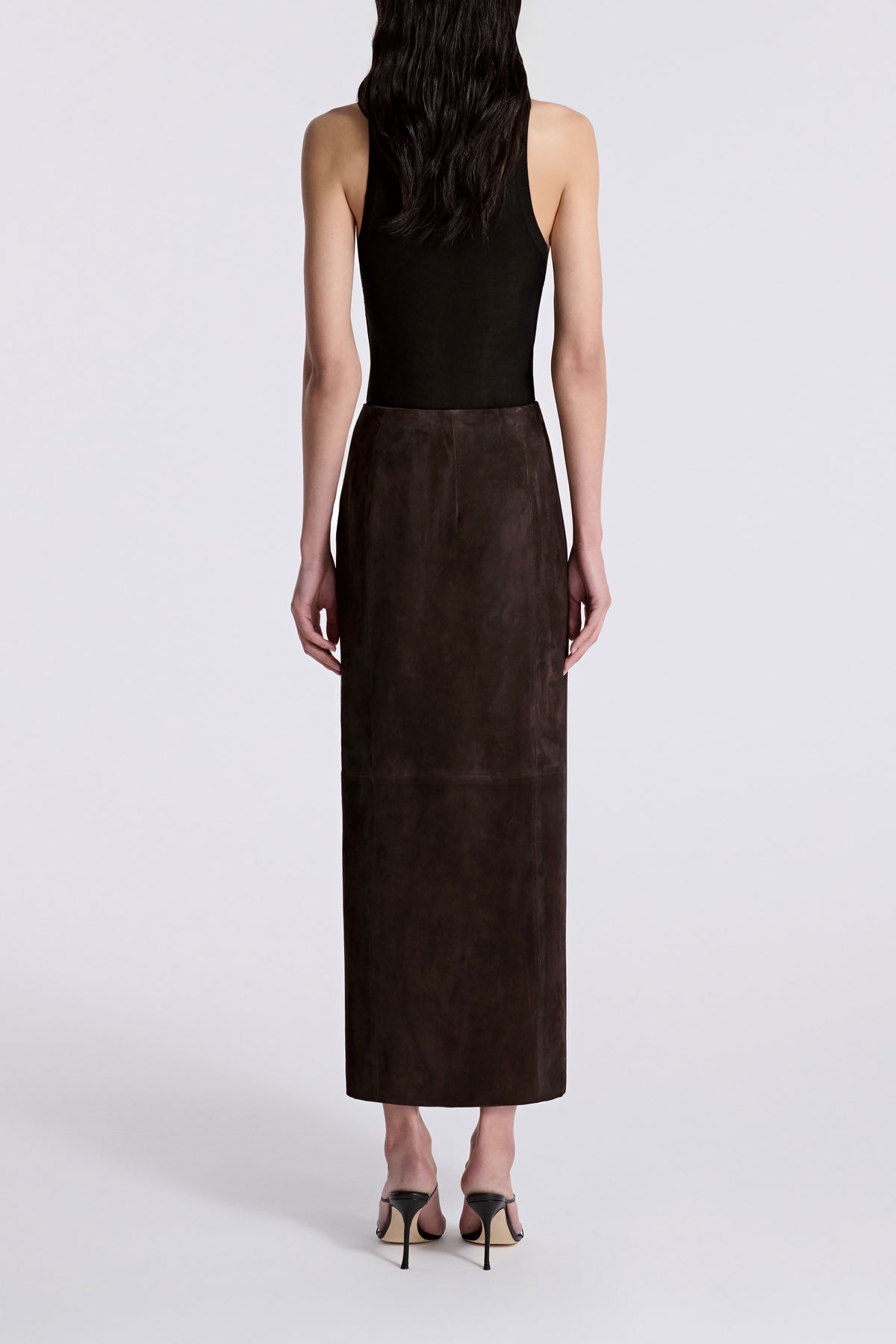 Model is Wearing Nour Hammour Wrap Tie Waist Suede Skirt Mocha - Back