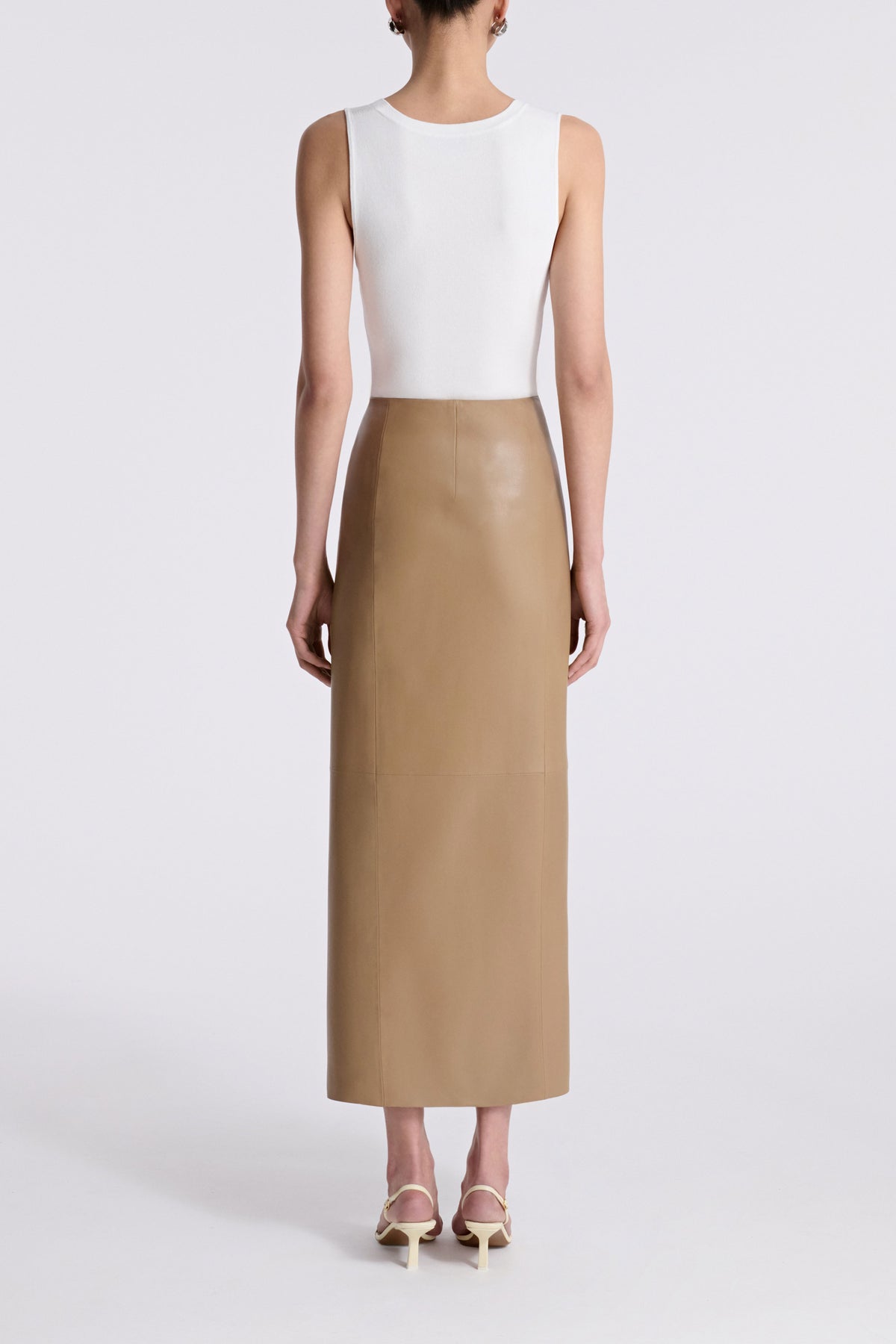 Model is Wearing Nour Hammour Wrap Tie Waist Leather Skirt Raw Camel - Back