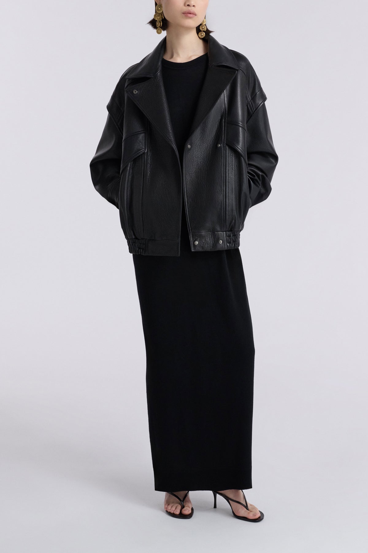 Model is Wearing Nour Hammour Micah Sumptuous Leather Bomber Black - Front Open 