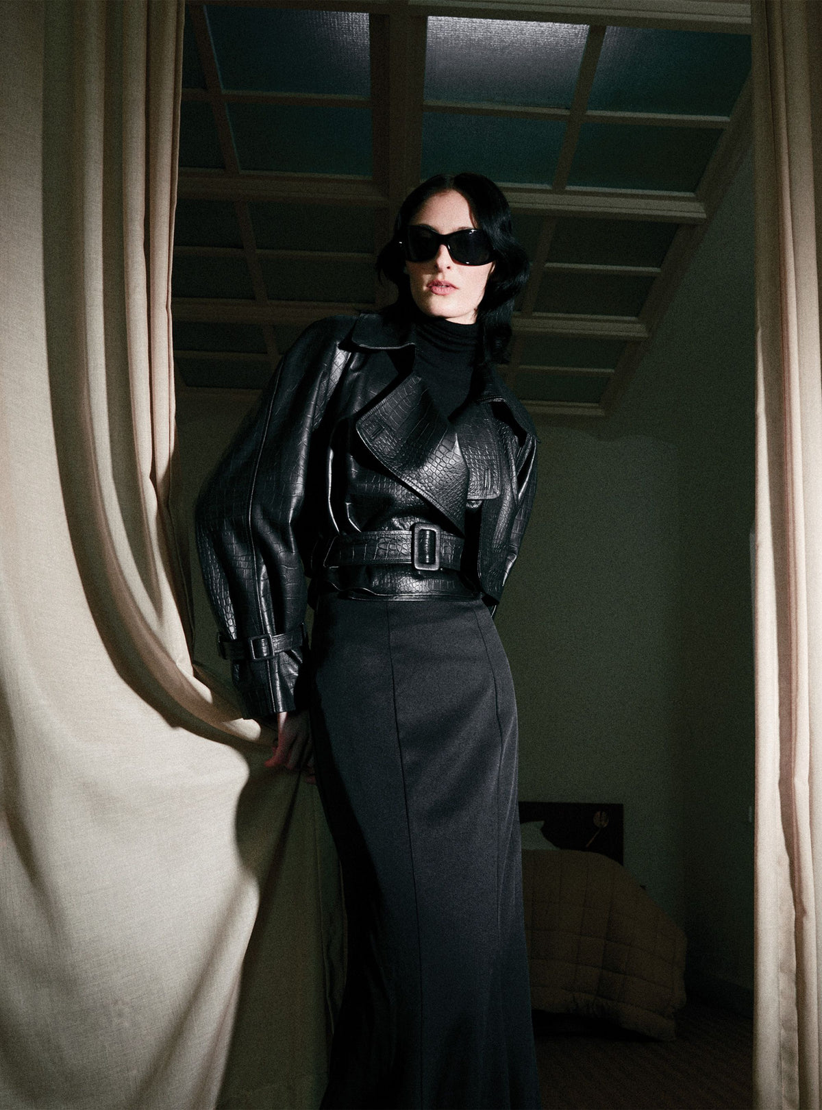 A model wearing the Hatti Croco Black leather jacket