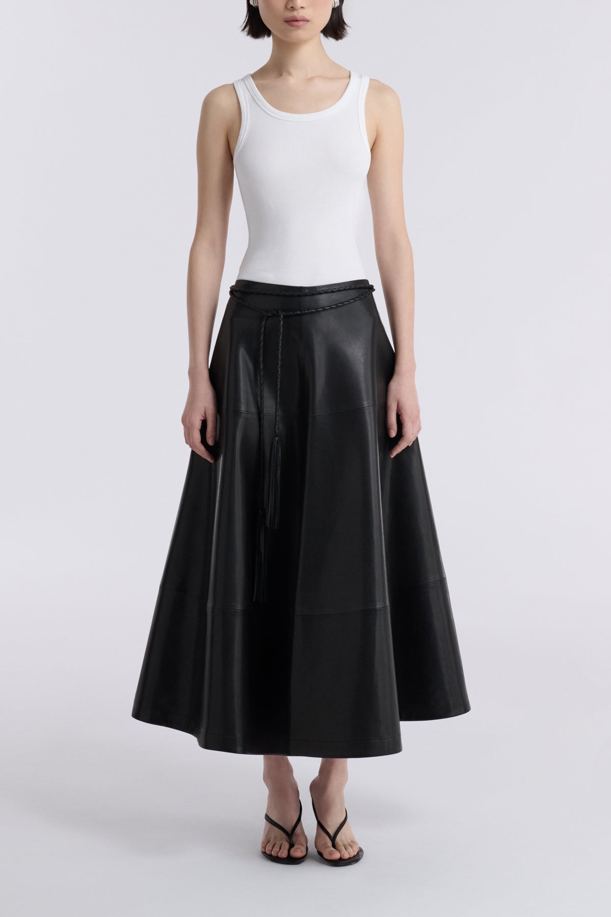 Model is Wearing Nour Hammour Opera Sweeping Leather Skirt Noir Classique - Front