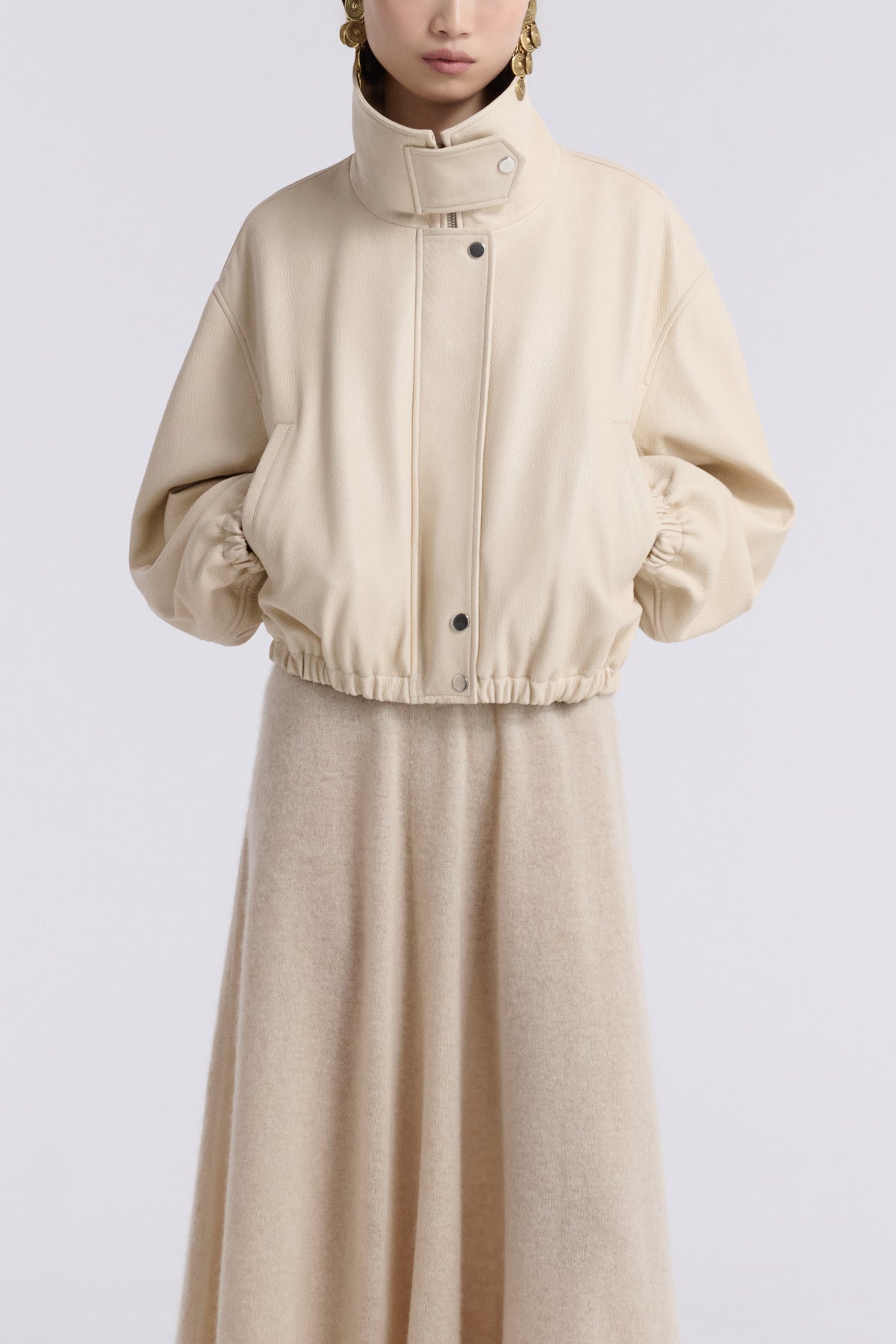 Model is Wearing Nour Hammour Pia Cropped Relaxed Leather Bomber Ivory - Front