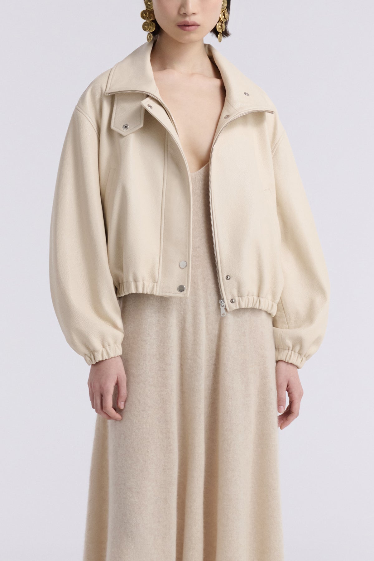 Model is Wearing Nour Hammour Pia Cropped Relaxed Leather Bomber Ivory - Front Open