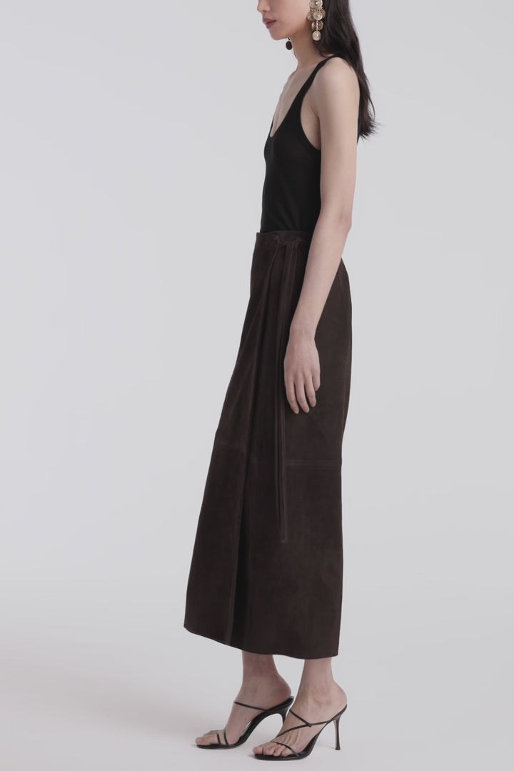 Model is Wearing Nour Hammour Wrap Tie Waist Suede Skirt Mocha - Video