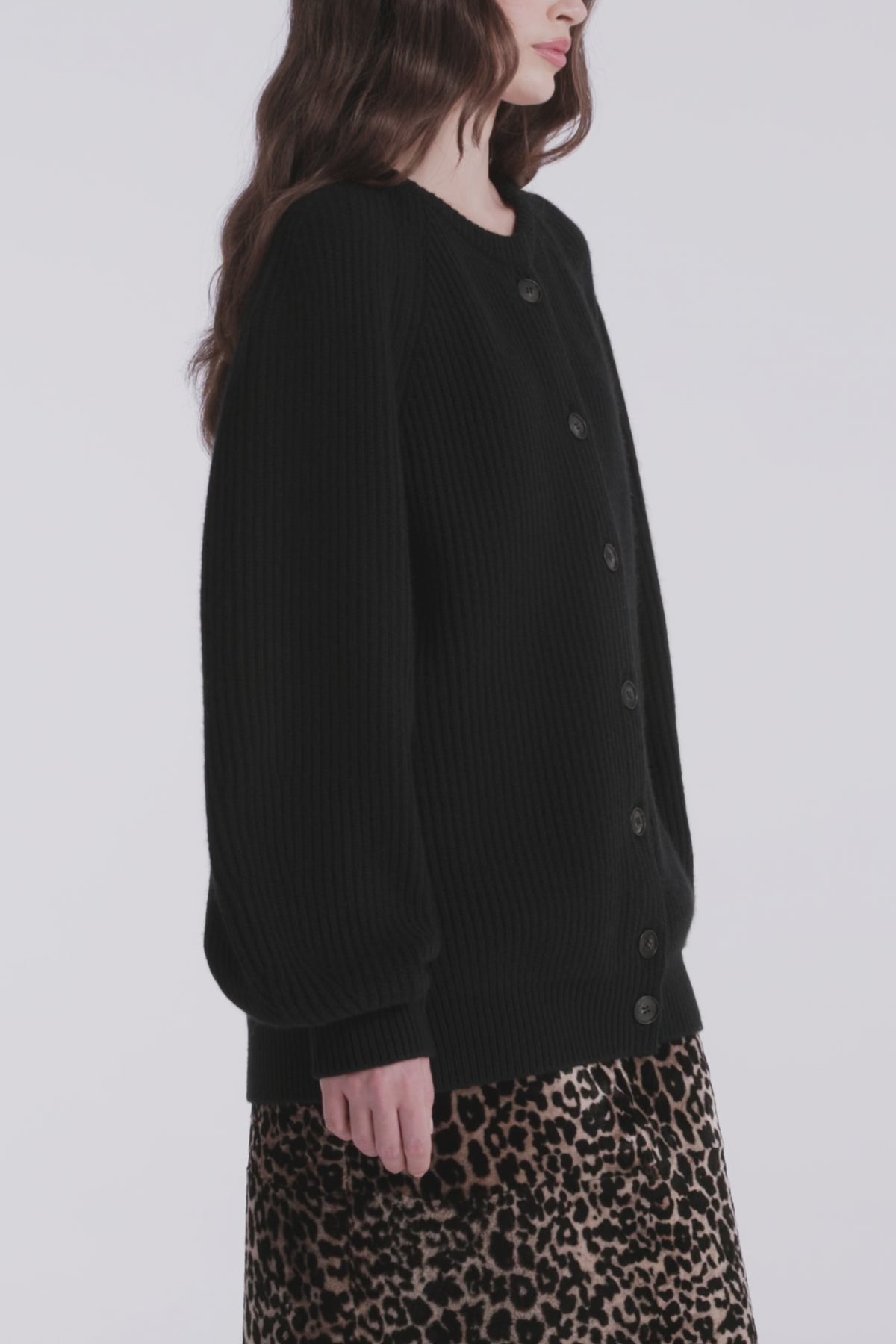 Model is Wearing Nour Hammour Laurel Cashmere Cardigan Black - Video Detail