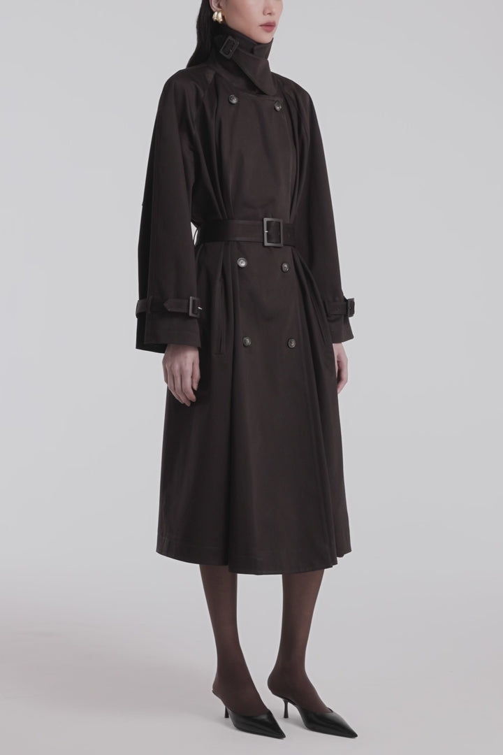Model is Wearing Nour Hammour Marchand Elegant Cotton Trench Espresso - Video