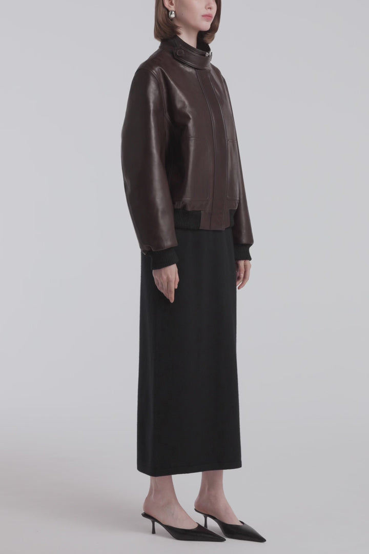 Model is Wearing Nour Hammour Rios Classic Leather Bomber Ebony Brown - Video