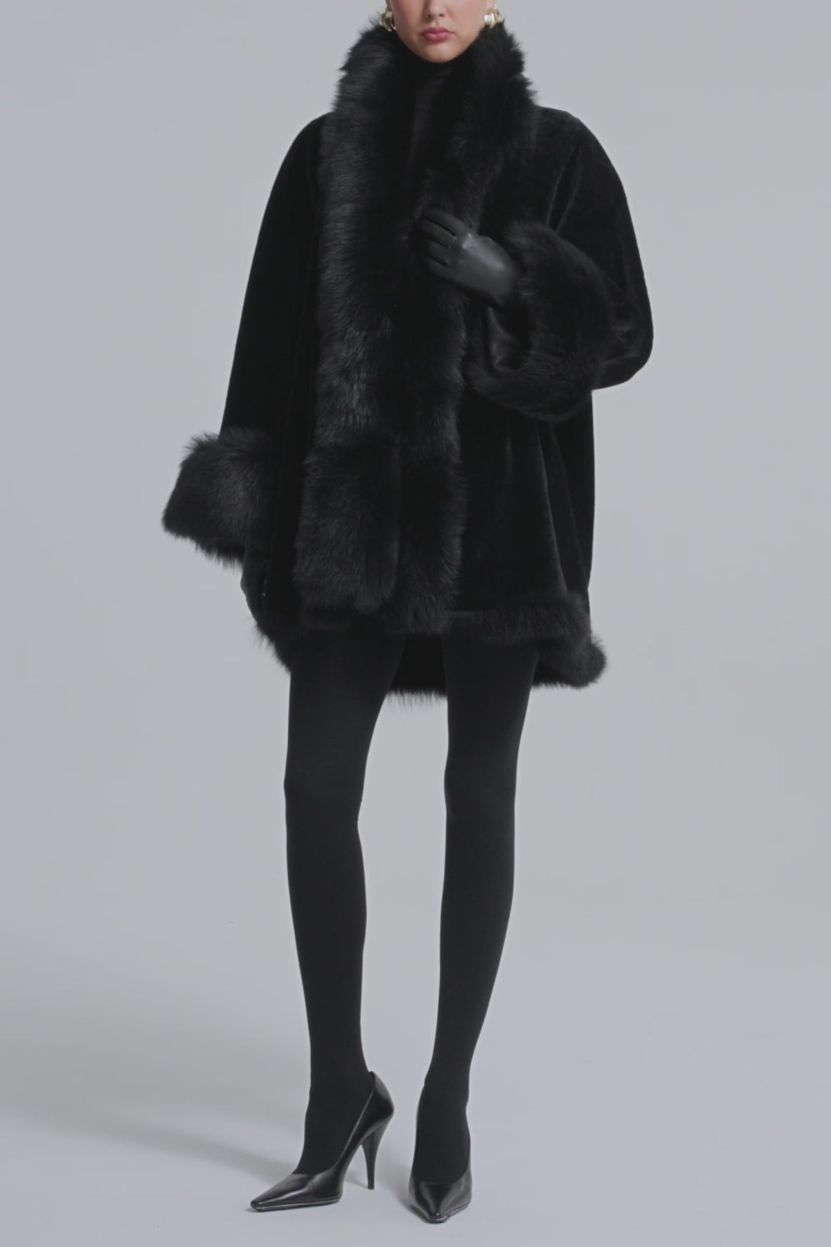 Model is Wearing Nour Hammour Sima Shearling Midi Swing Coat Black - Video