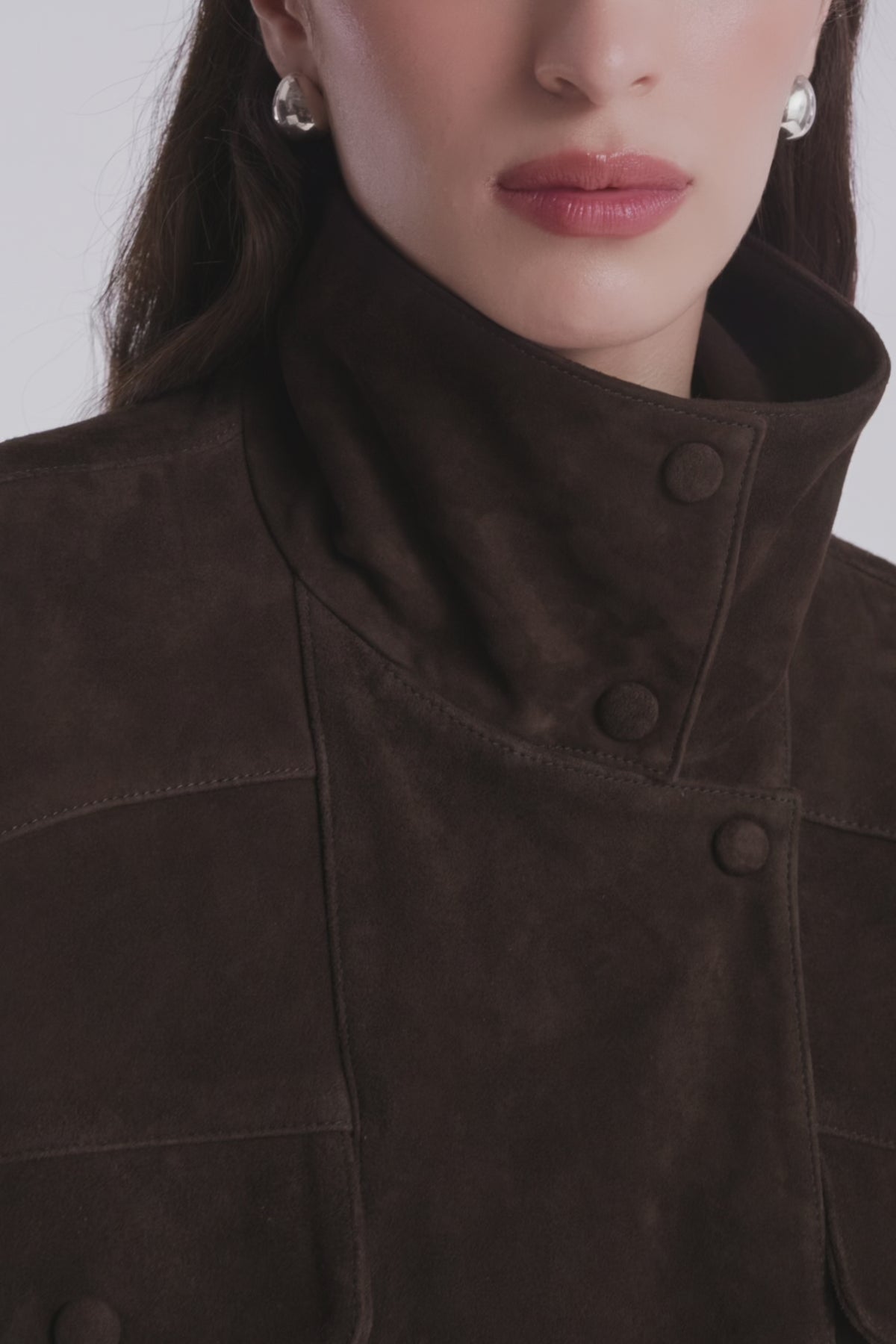 Model is Wearing Nour Hammour Soft Suede Pocket Bomber Mocha - Video Details 