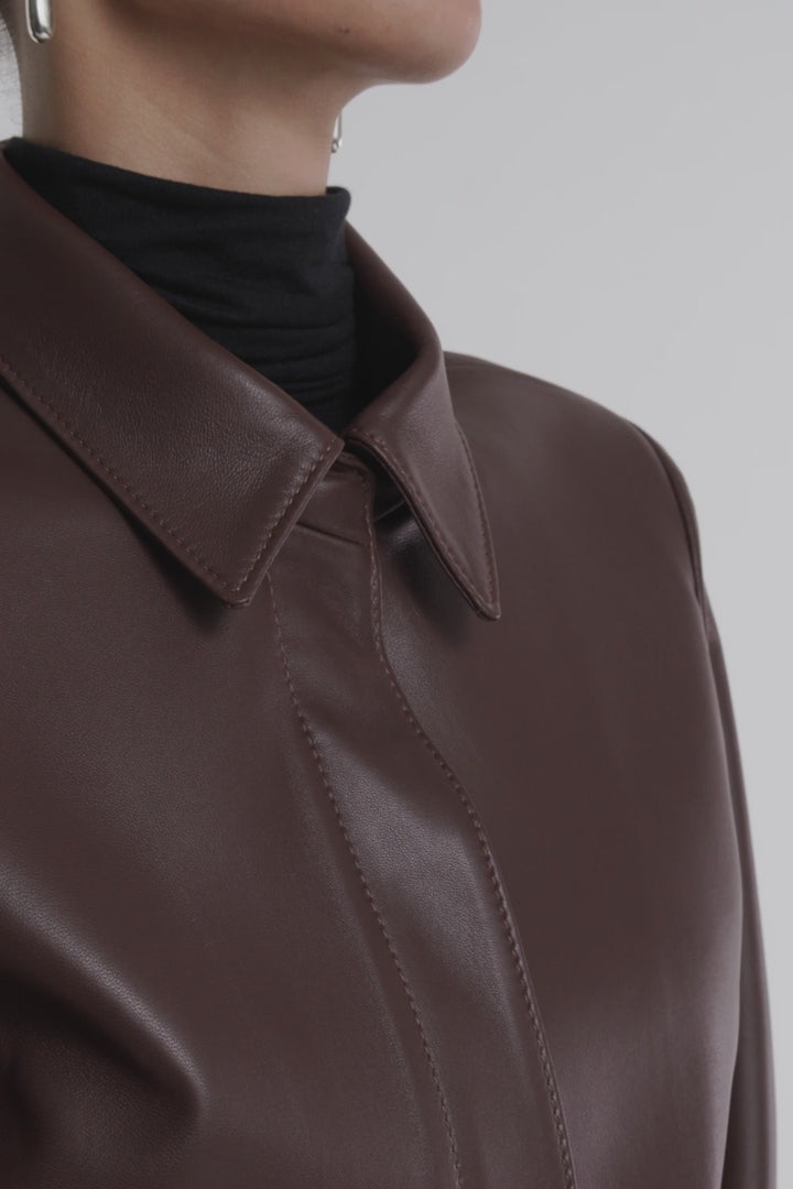 Model is Wearing Nour Hammour Bleeker Minimal Leather Jacket Milk Chocolate - Video Details 