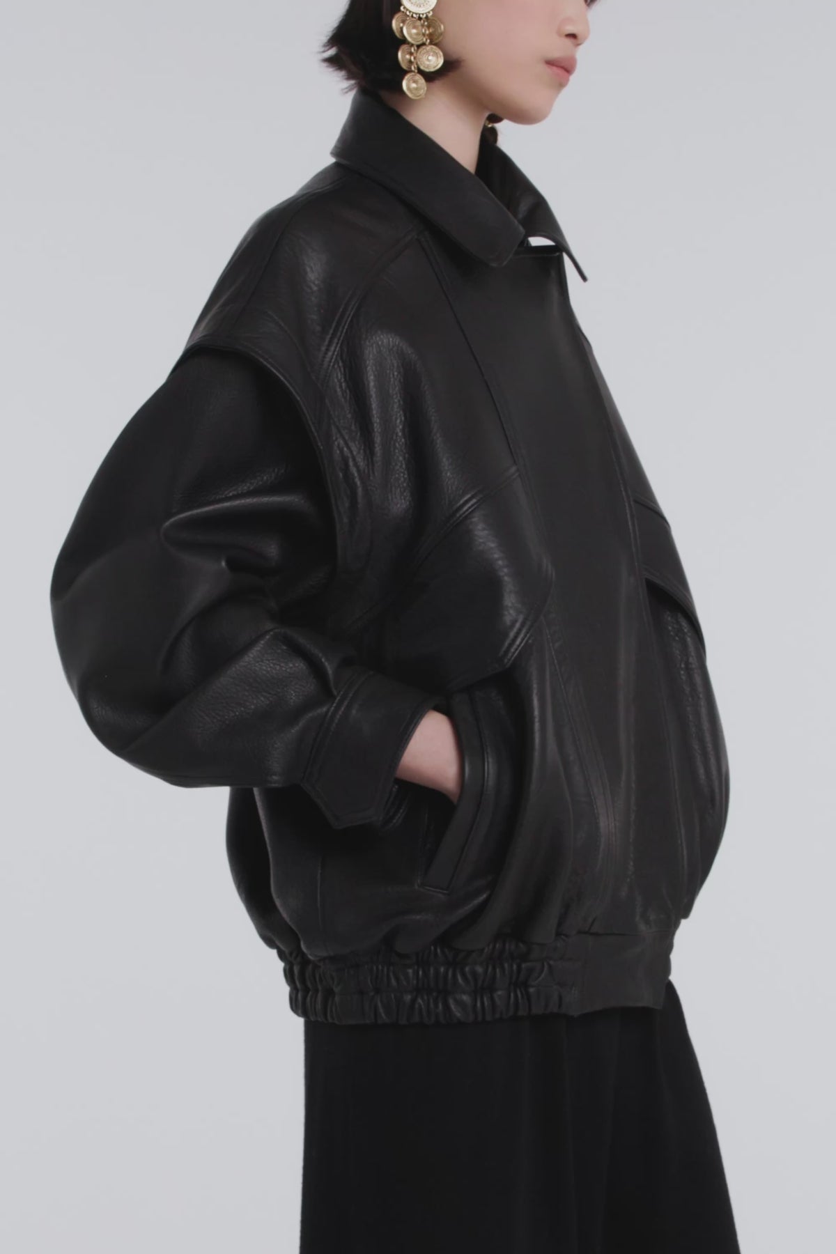 Model is Wearing Nour Hammour Micah Sumptuous Leather Bomber Black - Video