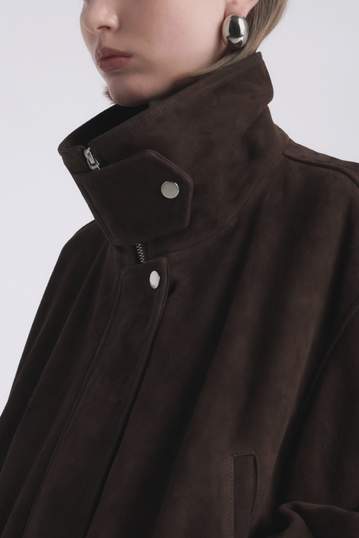 Model is Wearing Nour Hammour Pia Cropped Relaxed Suede Bomber Acajou - Video