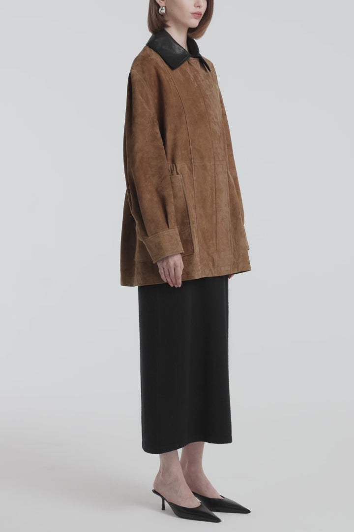 Model is Wearing Nour Hammour Grange Workwear Suede Jacket Tobacco - Video