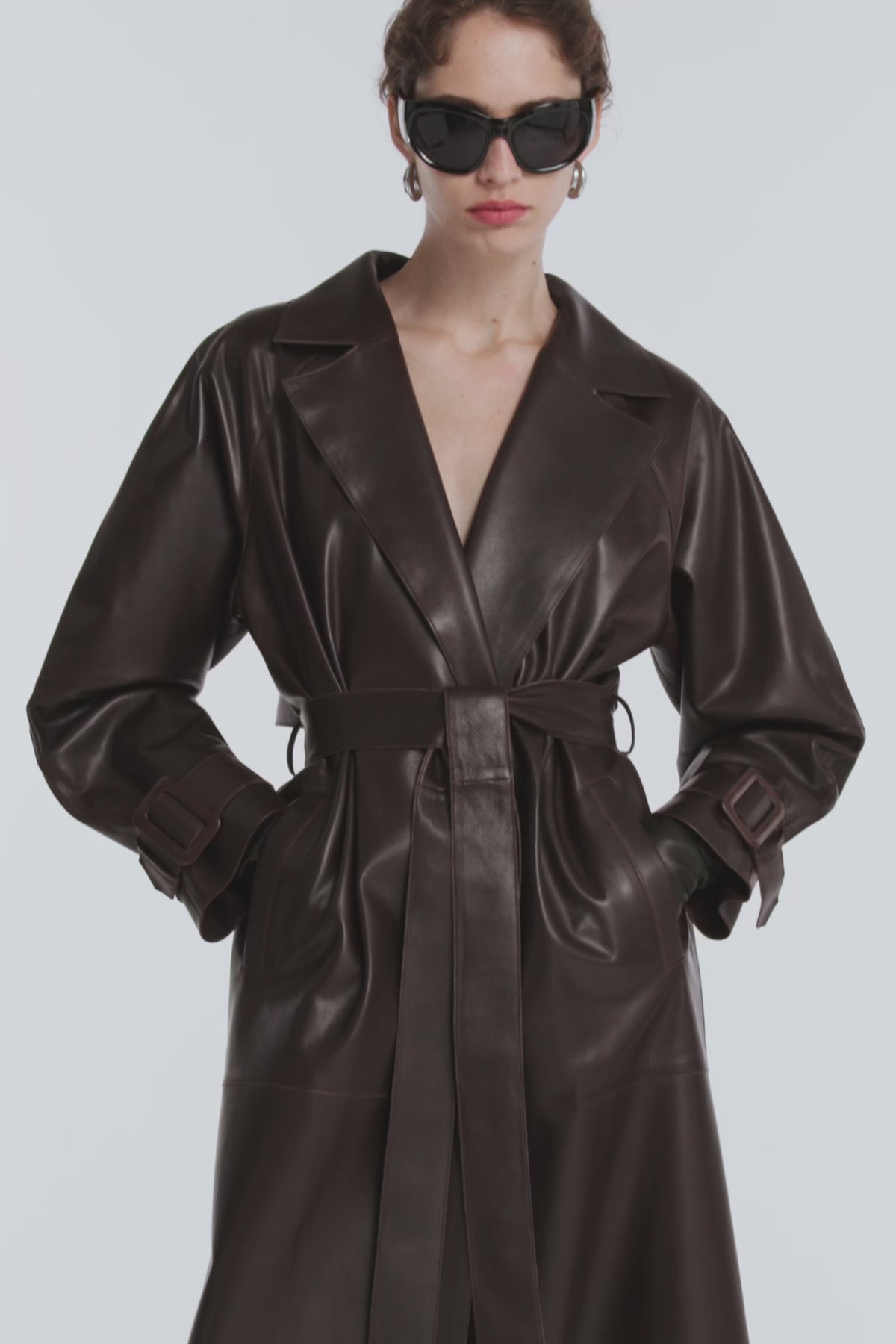 Model is Wearing Nour Hammour Staley Sweeping Leather Trench Dark Brown - Video 
