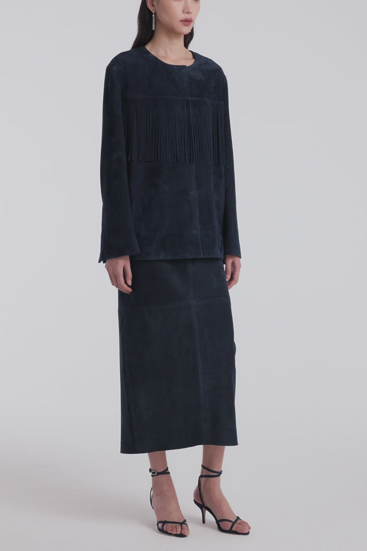 Model is Wearing Nour Hammour Marfa Collarless Fringed Suede Jacket Navy - Video