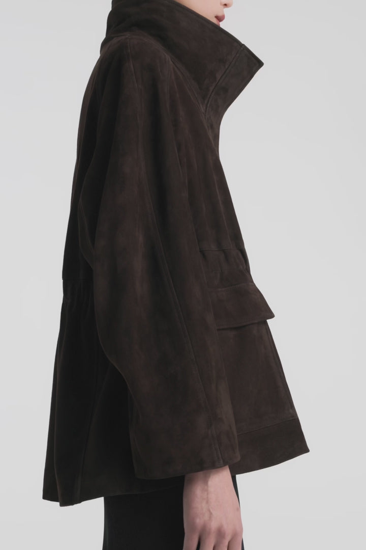 Model is Wearing Nour Hammour Quai Cinched Funnel Neck Suede Jacket Mocha - Video