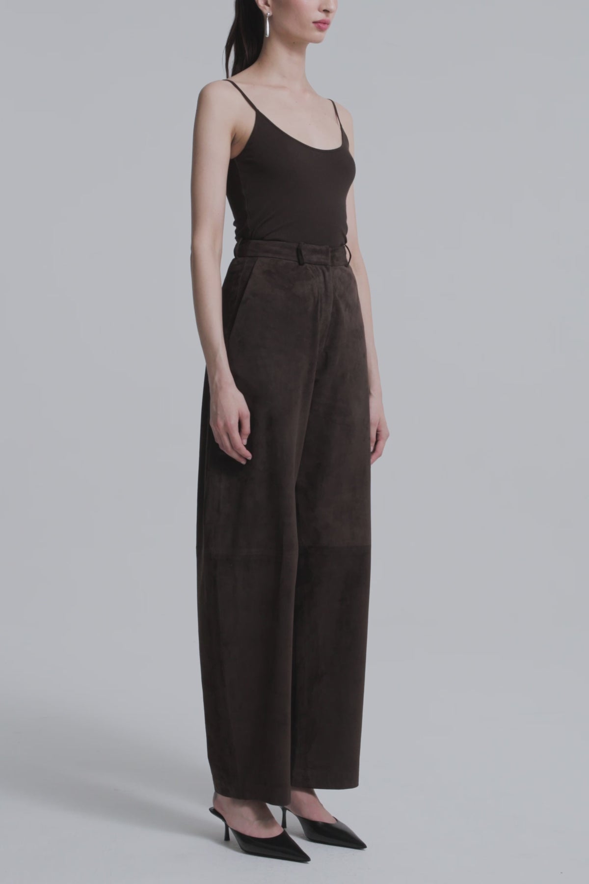 Model is Wearing Nour Hammour Barrel Suede Pants Mocha - Video