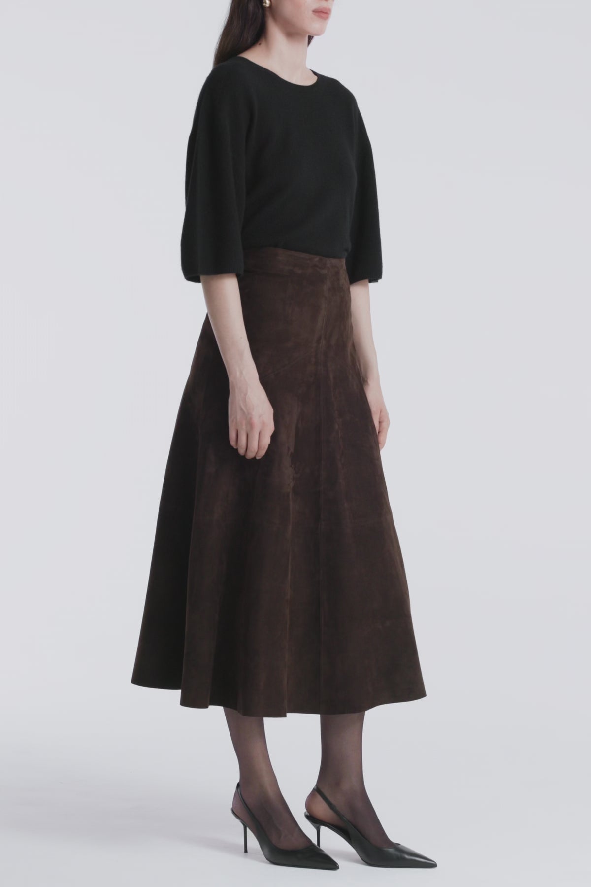 Model is Wearing Nour Hammour Garnier Suede Circle Skirt Mocha - Video