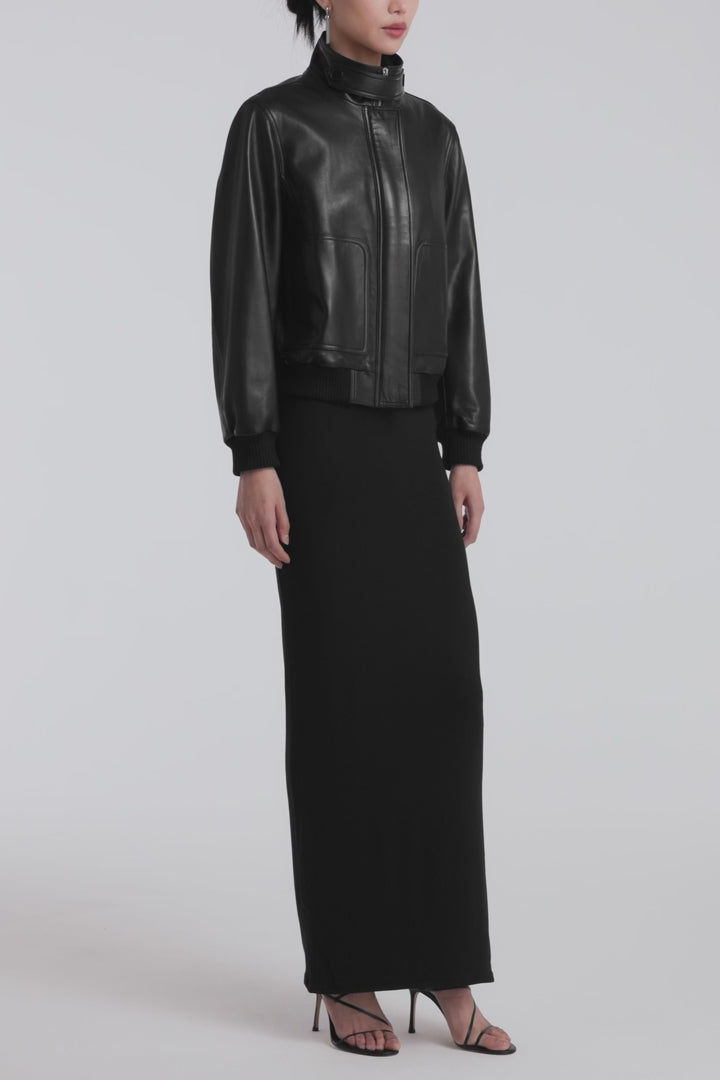 Model is Wearing Nour Hammour Rios Classic Leather Bomber Noir Classique - Video