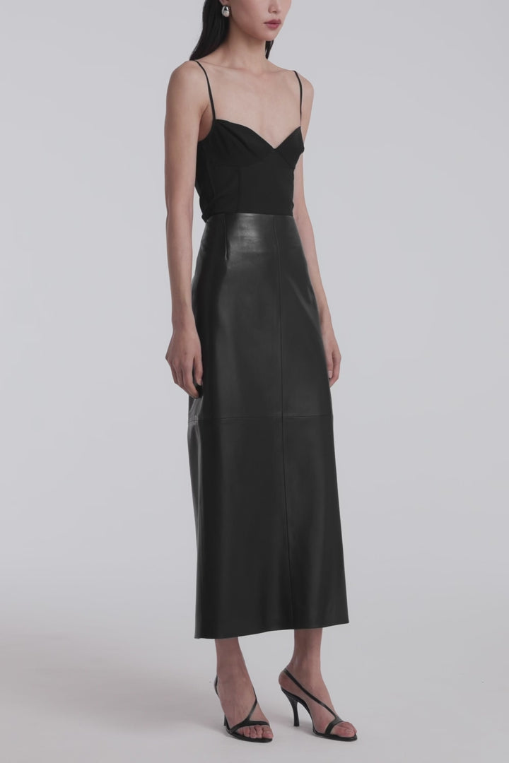 Model is Wearing Nour Hammour Selly Leather Column Skirt Noir Classique - Video