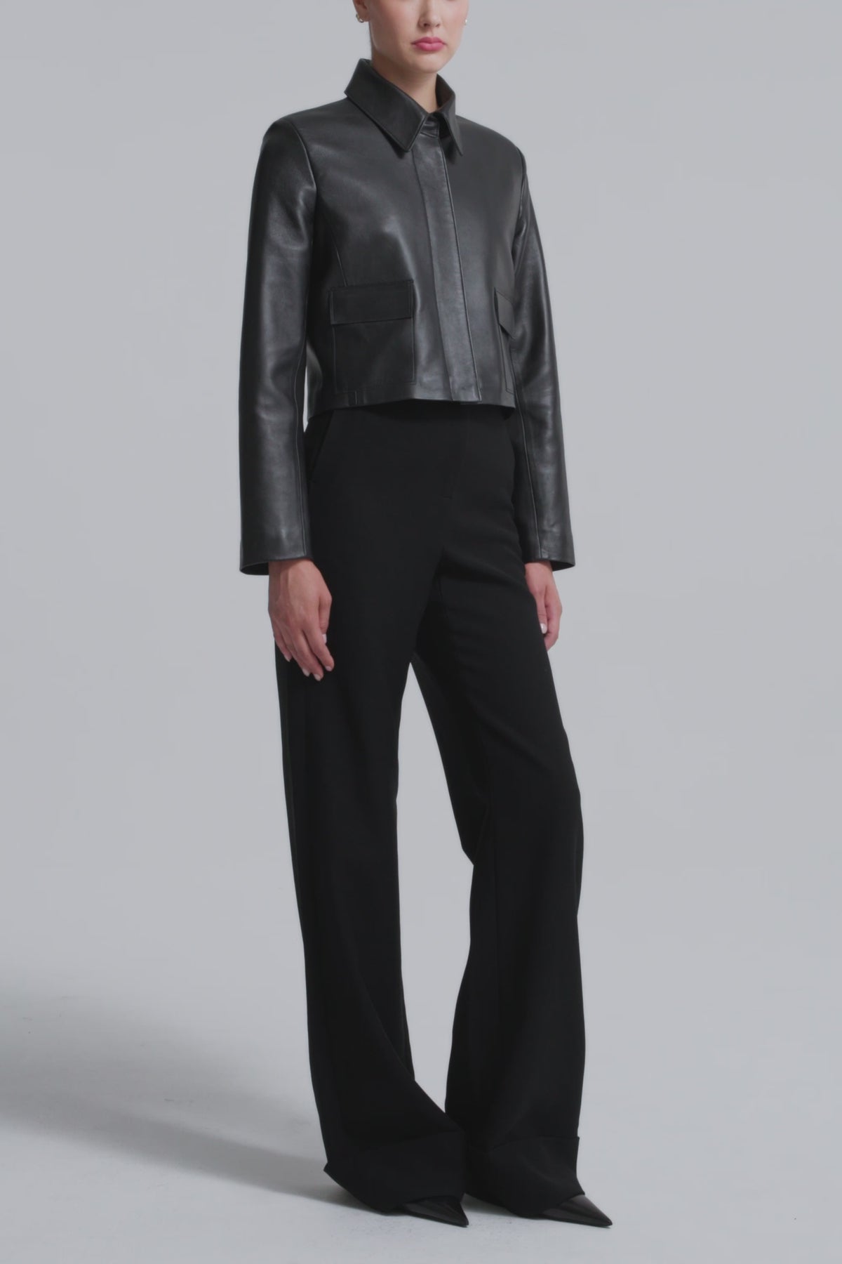 Model is Wearing Nour Hammour Bleeker Minimal Leather Jacket Black - Video